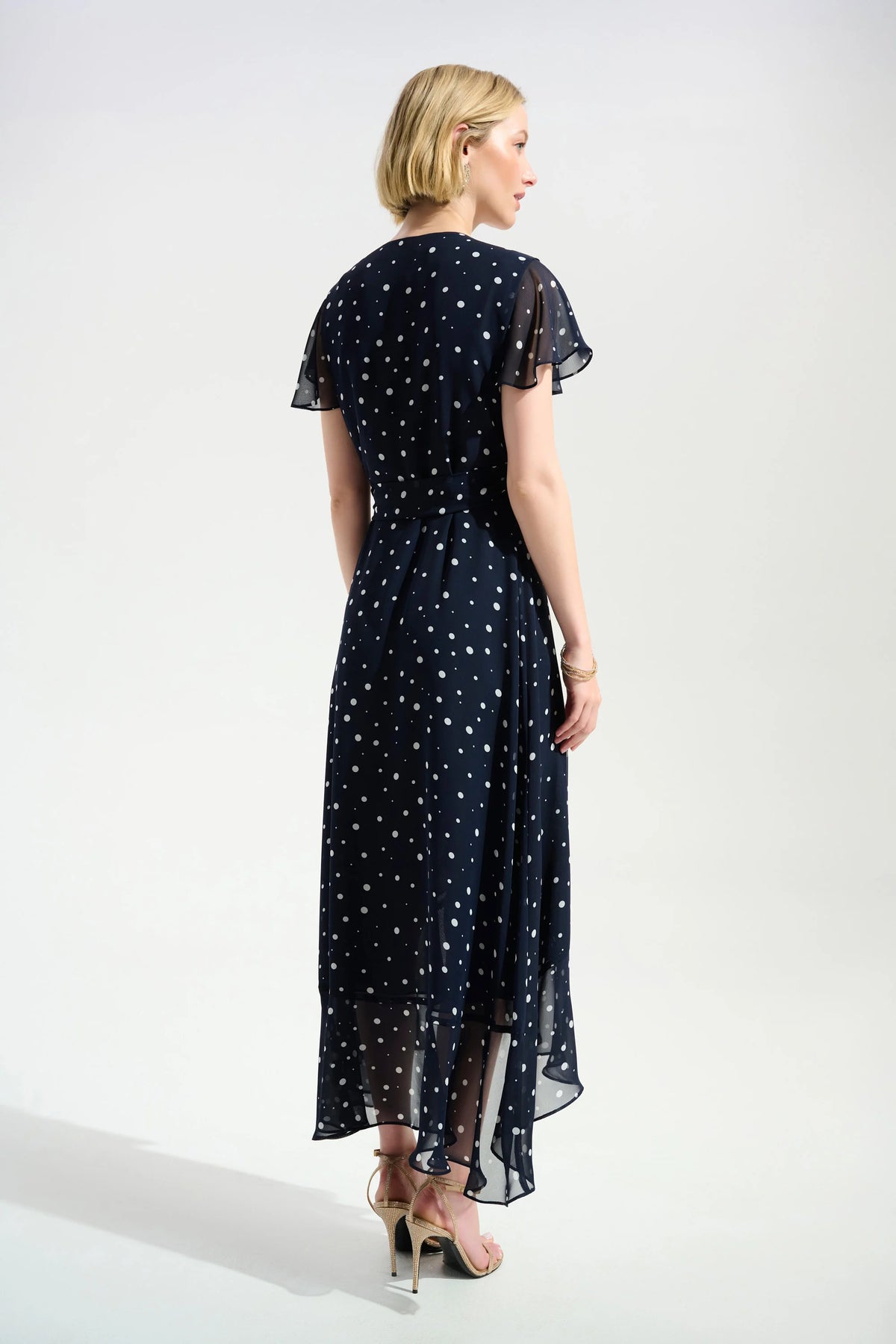Joseph Ribkoff Midnight Blue/Vanilla Signature | Chiffon Print Wrap Dress With Ruffle Detail