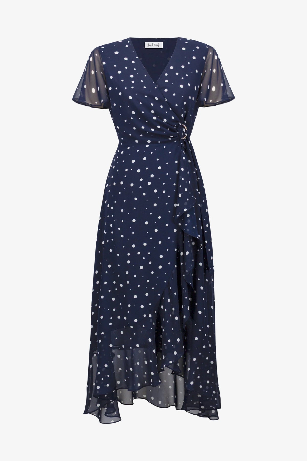 Joseph Ribkoff Midnight Blue/Vanilla Signature | Chiffon Print Wrap Dress With Ruffle Detail