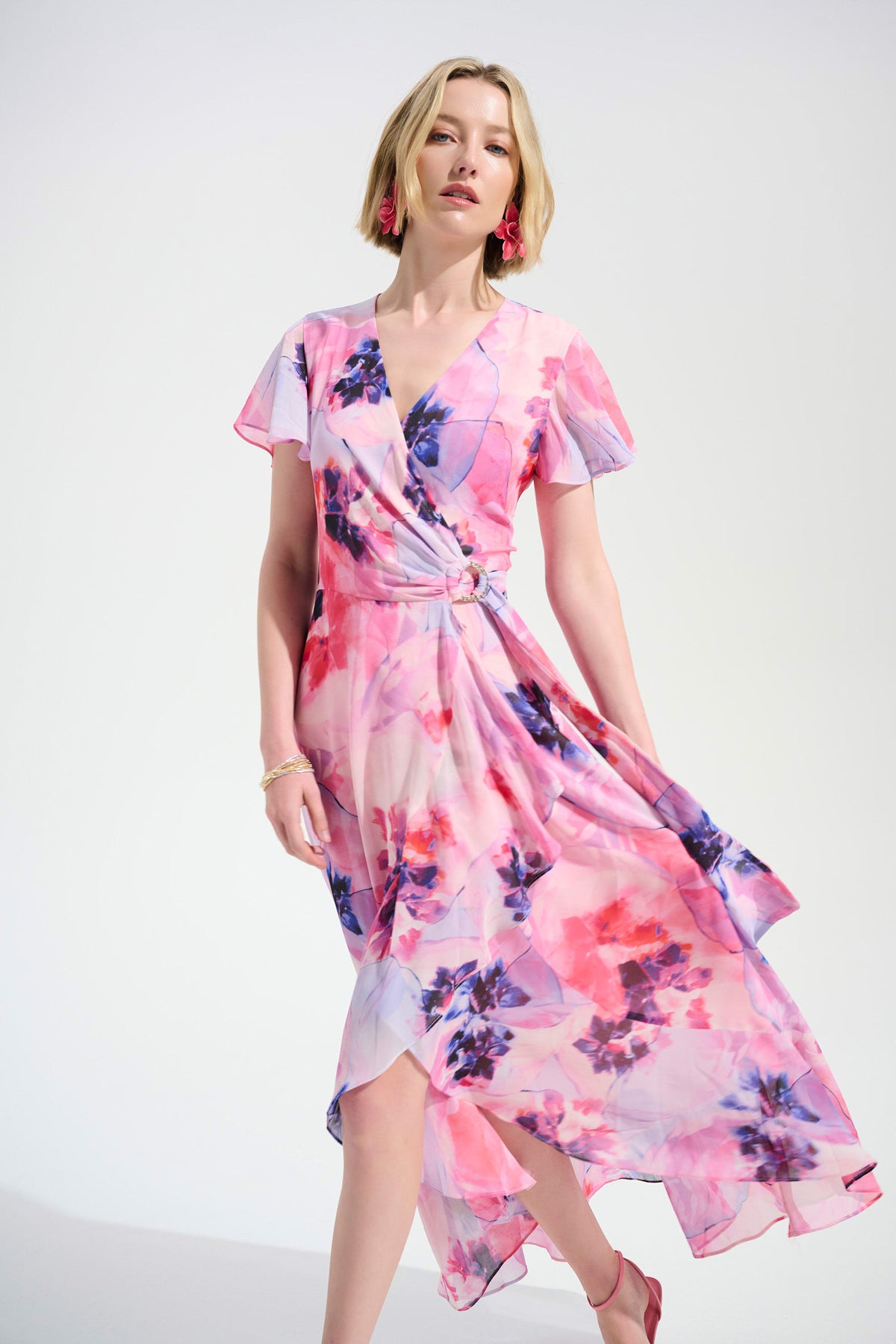 Joseph Ribkoff Multi Signature | Chiffon Print Wrap Dress With Ruffle Detail