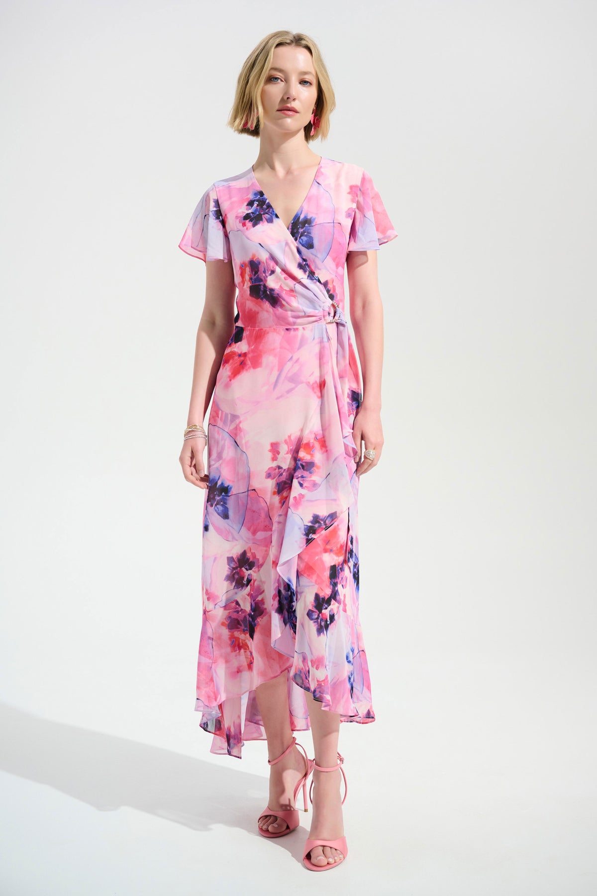 Joseph Ribkoff Multi Signature | Chiffon Print Wrap Dress With Ruffle Detail