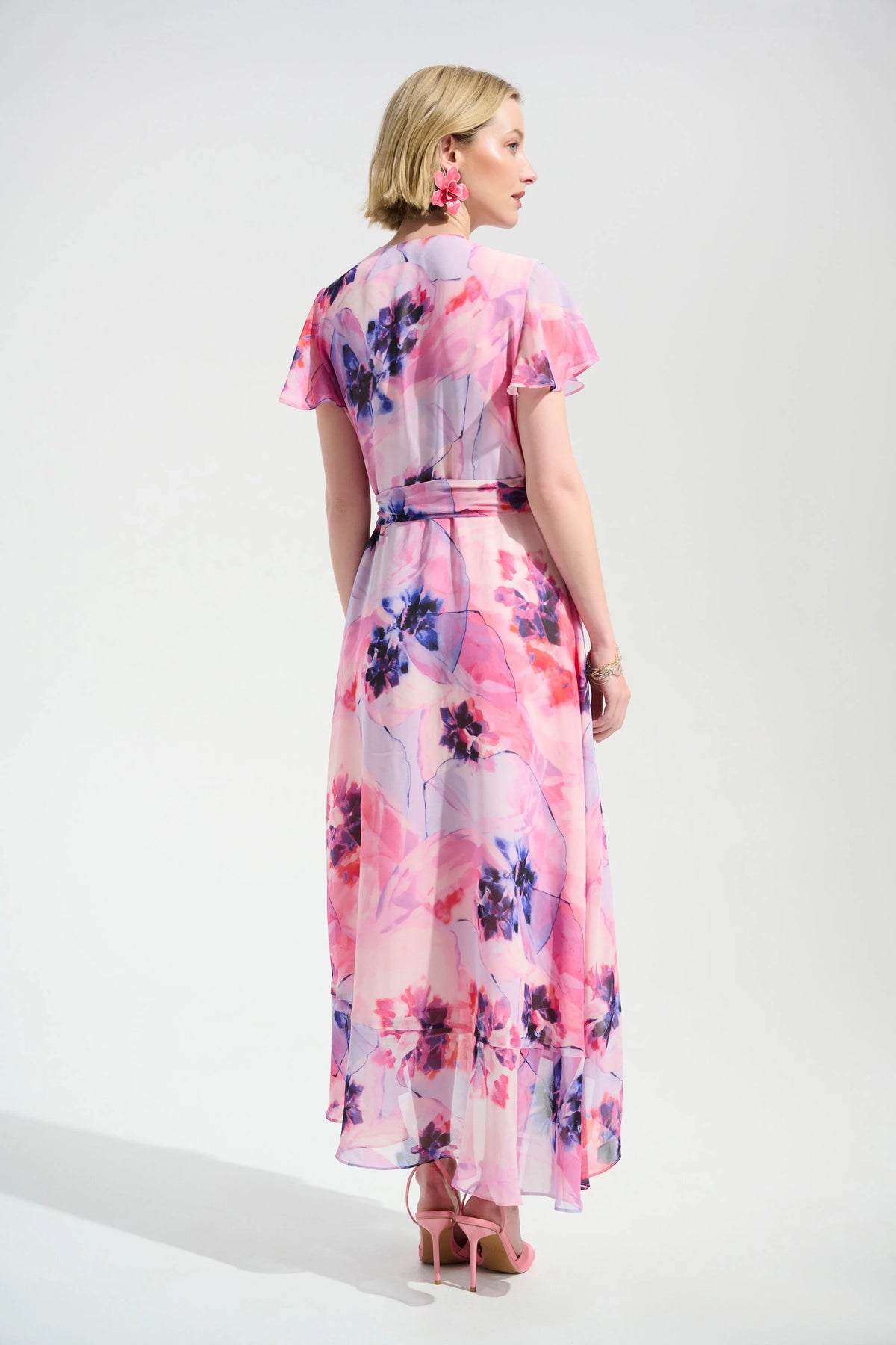 Joseph Ribkoff Multi Signature | Chiffon Print Wrap Dress With Ruffle Detail