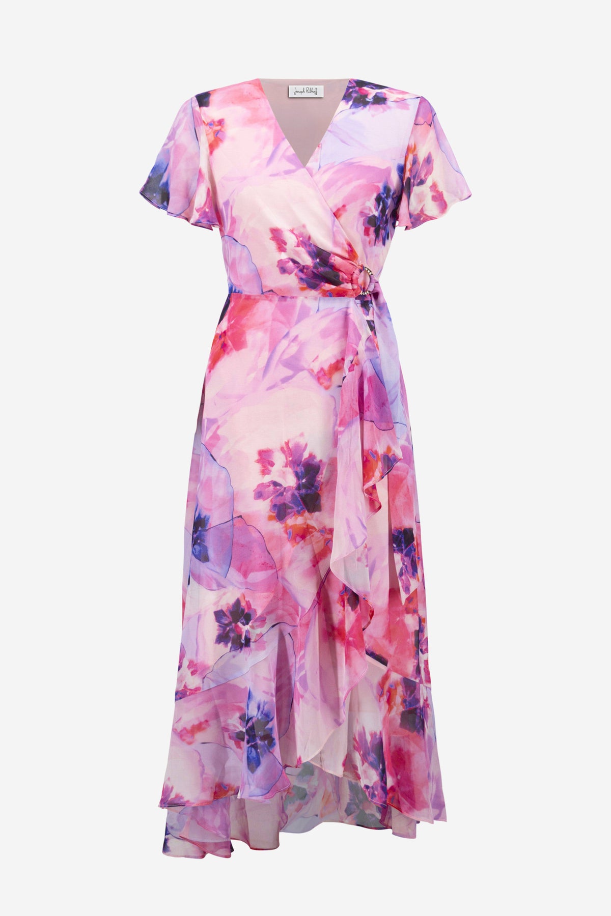Joseph Ribkoff Multi Signature | Chiffon Print Wrap Dress With Ruffle Detail