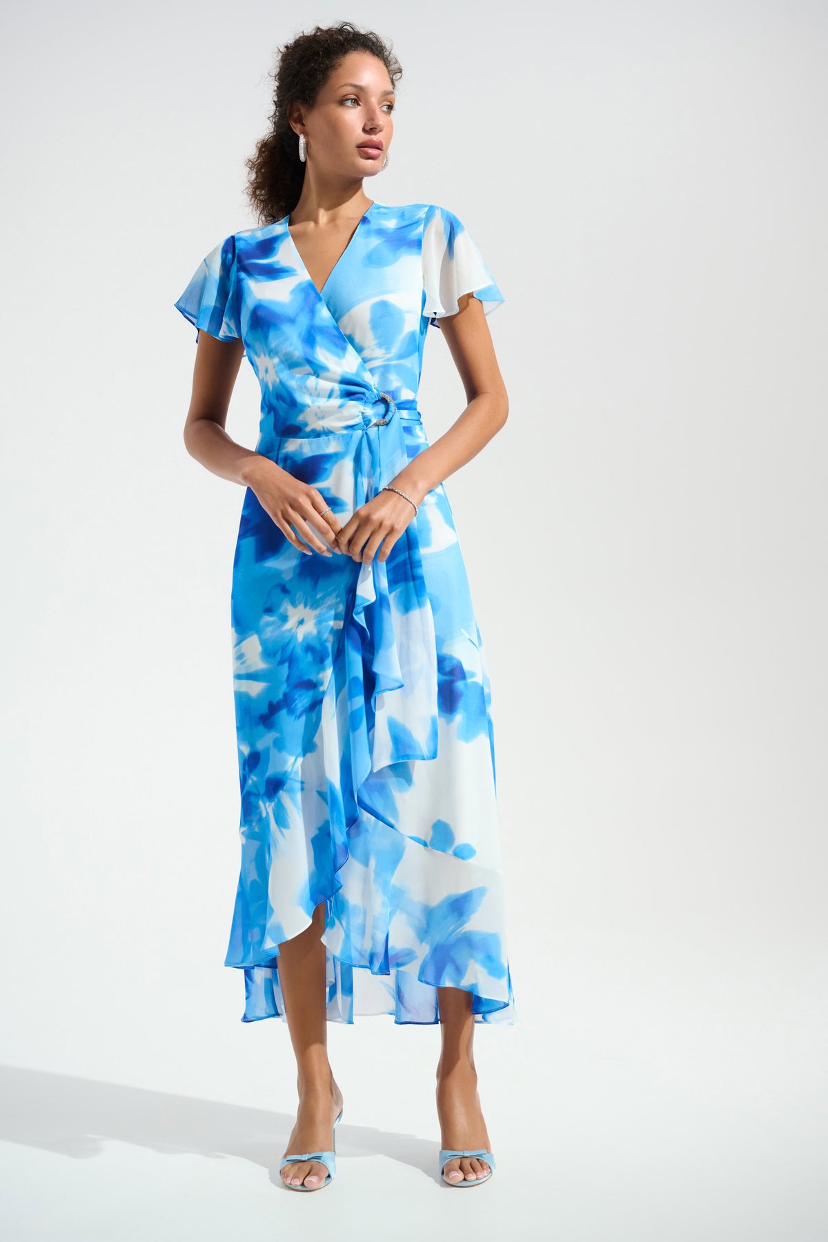 Joseph Ribkoff Vanilla/Blue Signature | Chiffon Print Wrap Dress With Ruffle Detail