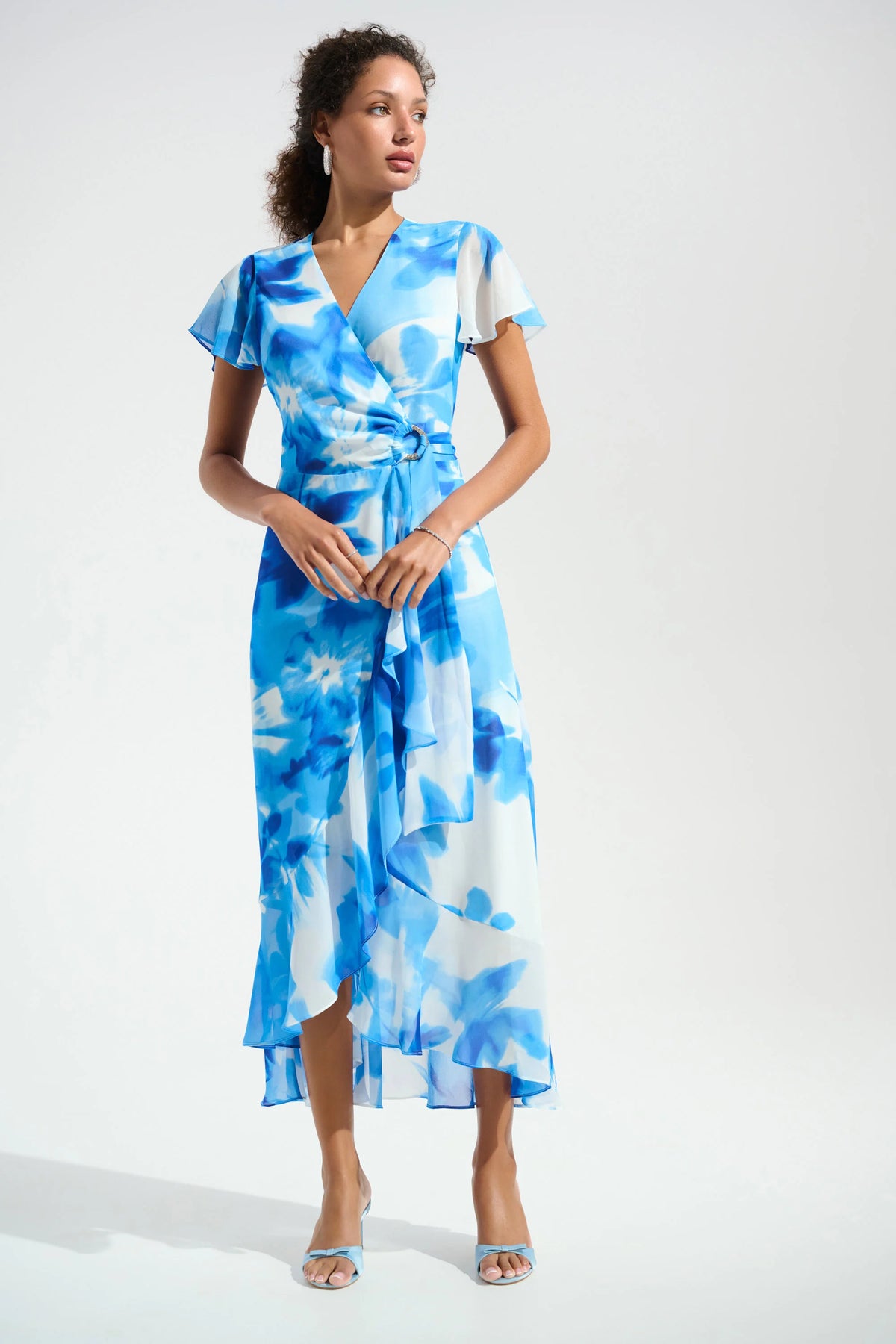Joseph Ribkoff Vanilla/Blue Signature | Chiffon Print Wrap Dress With Ruffle Detail
