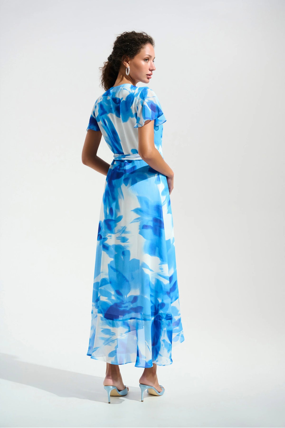 Joseph Ribkoff Vanilla/Blue Signature | Chiffon Print Wrap Dress With Ruffle Detail