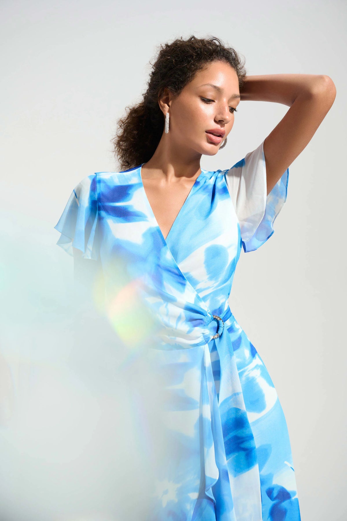 Joseph Ribkoff Vanilla/Blue Signature | Chiffon Print Wrap Dress With Ruffle Detail