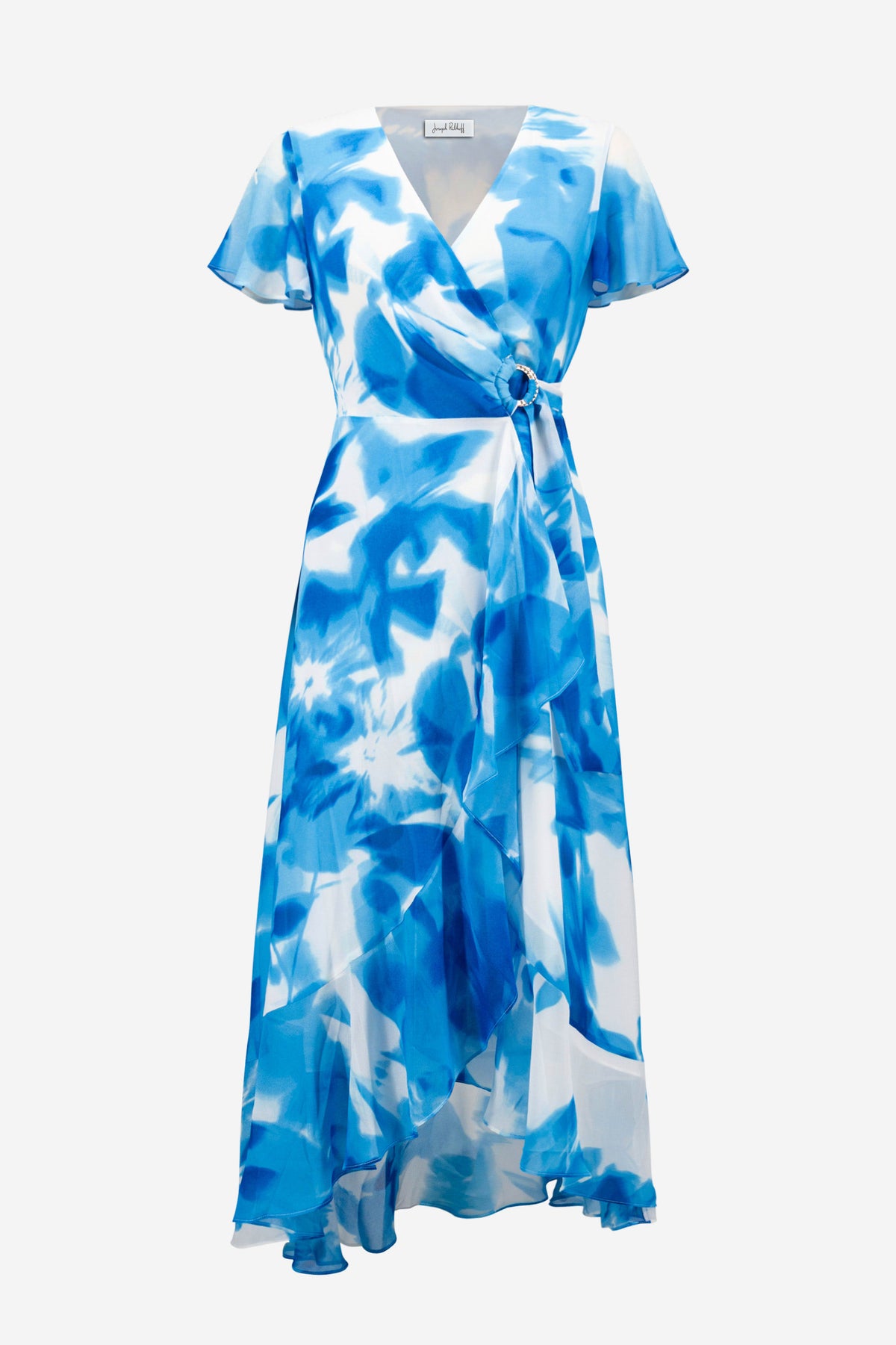 Joseph Ribkoff Vanilla/Blue Signature | Chiffon Print Wrap Dress With Ruffle Detail