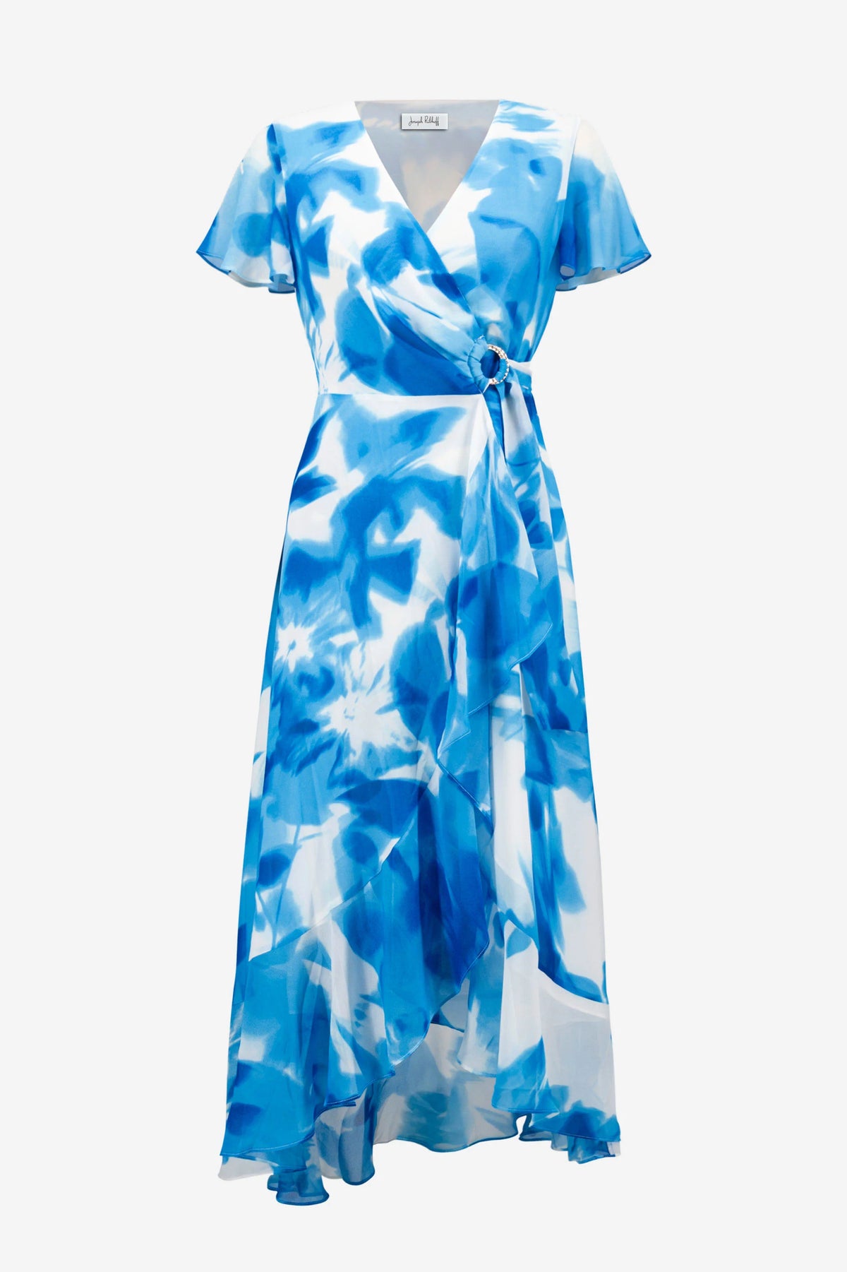 Joseph Ribkoff Vanilla/Blue Signature | Chiffon Print Wrap Dress With Ruffle Detail