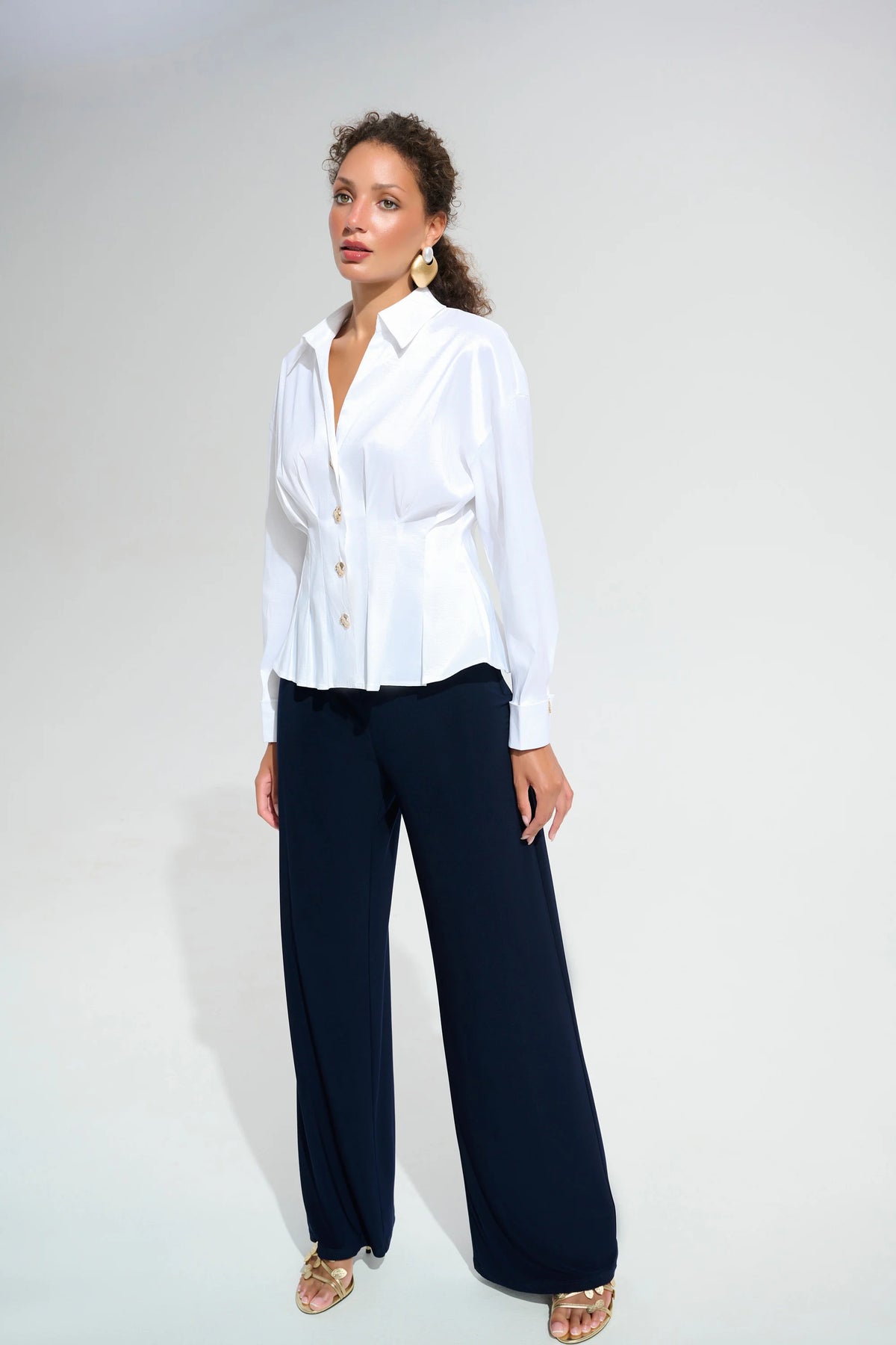 Joseph Ribkoff Vanilla Signature | Stretch Taffeta Fit And Flare Blouse With Chain Link Button Cuffs