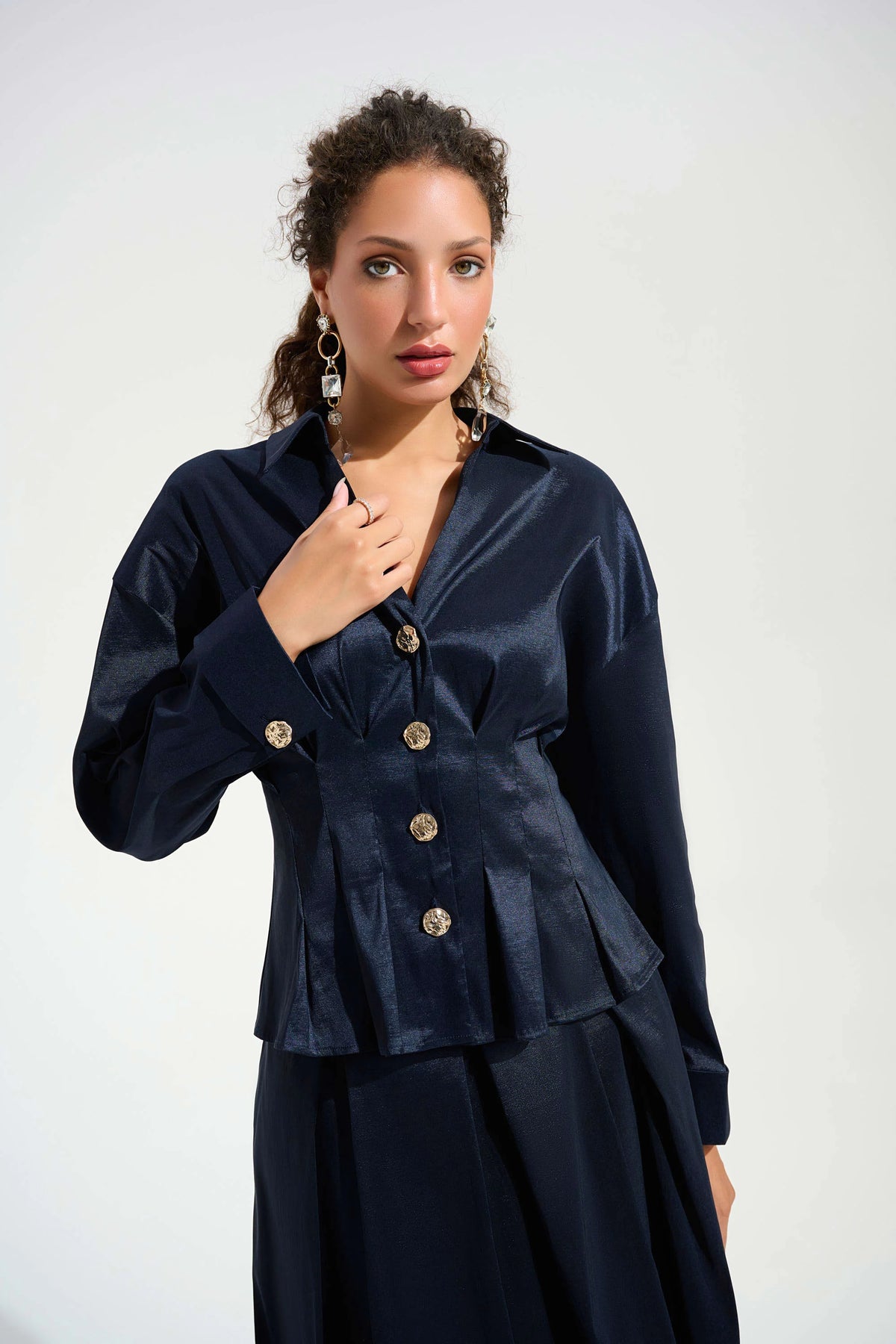 Joseph Ribkoff Midnight Blue Signature | Stretch Taffeta Fit And Flare Blouse With Chain Link Button Cuffs