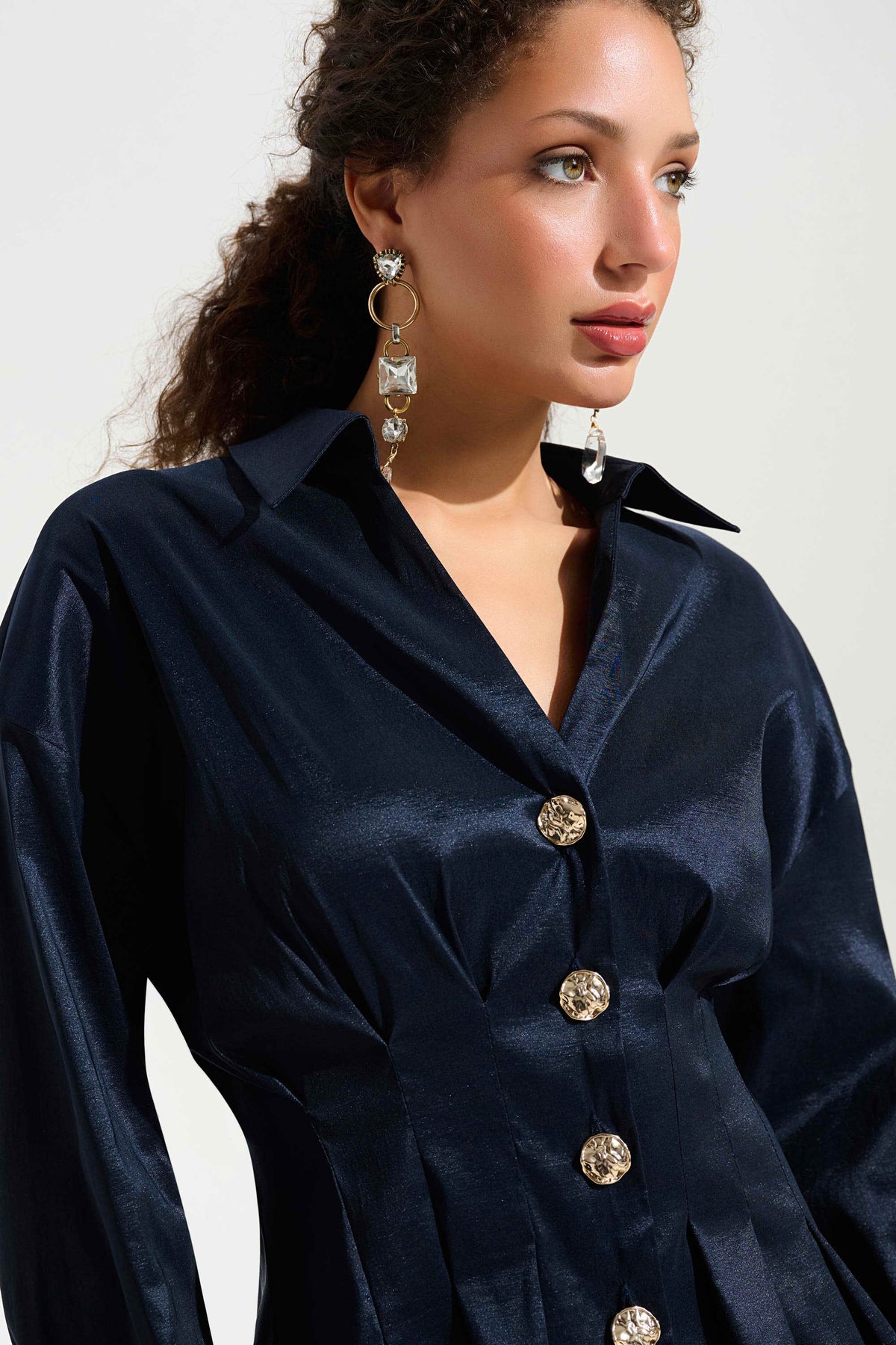 Joseph Ribkoff Midnight Blue Signature | Stretch Taffeta Fit And Flare Blouse With Chain Link Button Cuffs