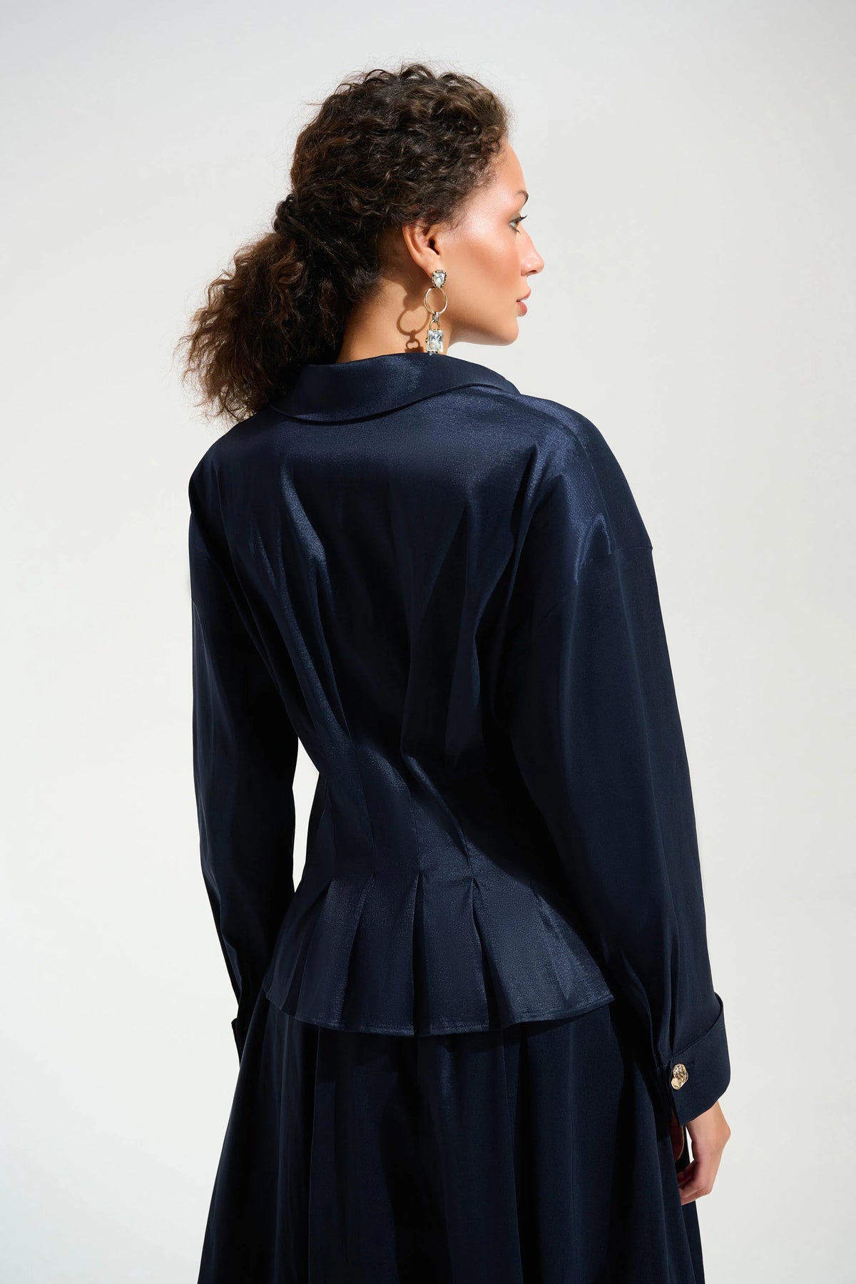 Joseph Ribkoff Midnight Blue Signature | Stretch Taffeta Fit And Flare Blouse With Chain Link Button Cuffs