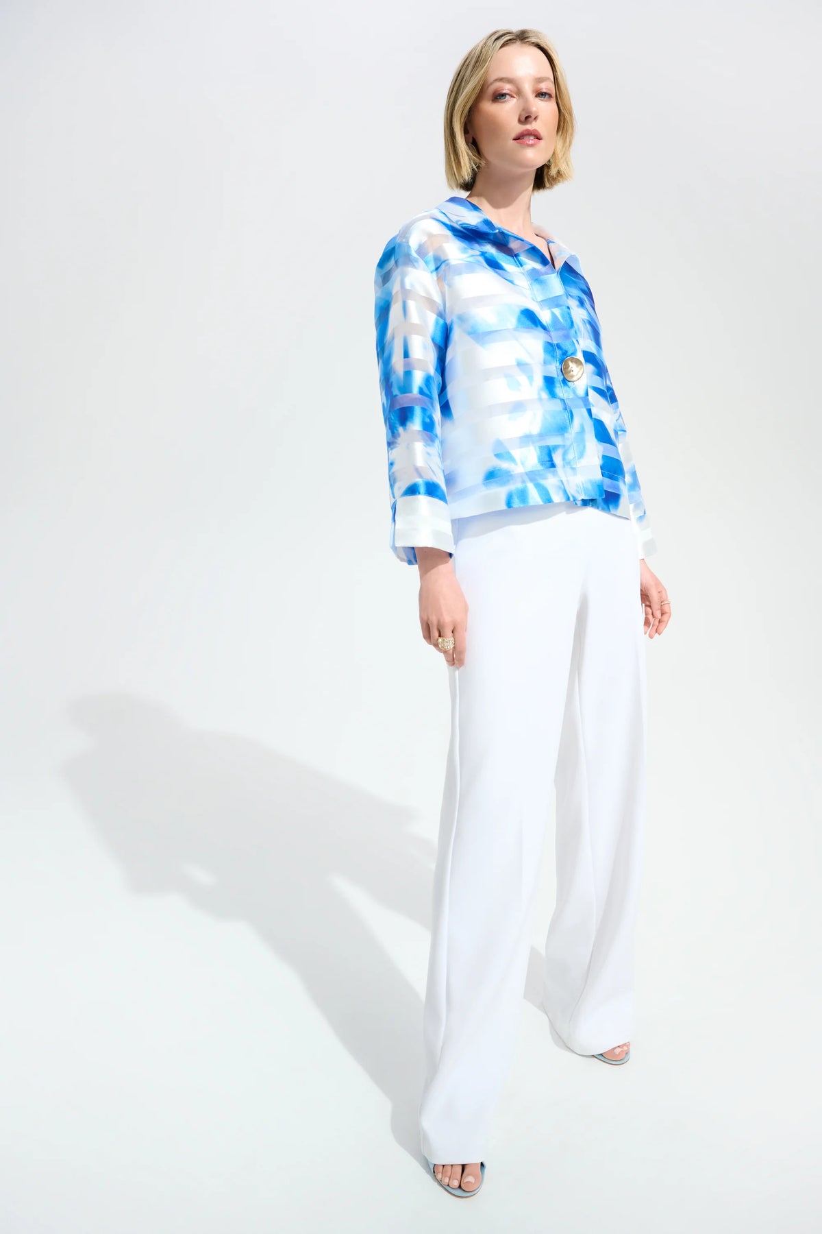 Joseph Ribkoff Signature | Jacquard Organza Floral Print Trapeze Jacket With Statement Button