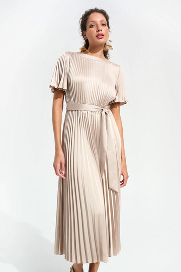 Joseph Ribkoff Sand Signature | Pleated Satin Fit And Flare Dress With Sash Belt