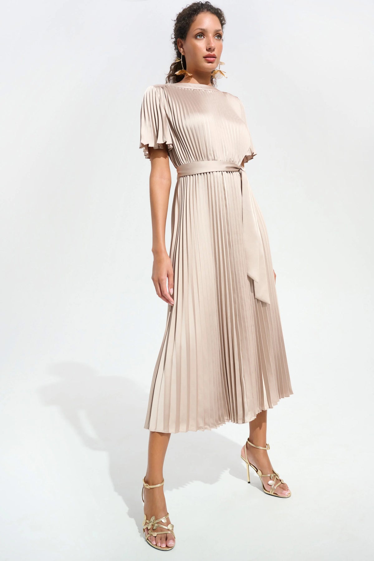Joseph Ribkoff Sand Signature | Pleated Satin Fit And Flare Dress With Sash Belt