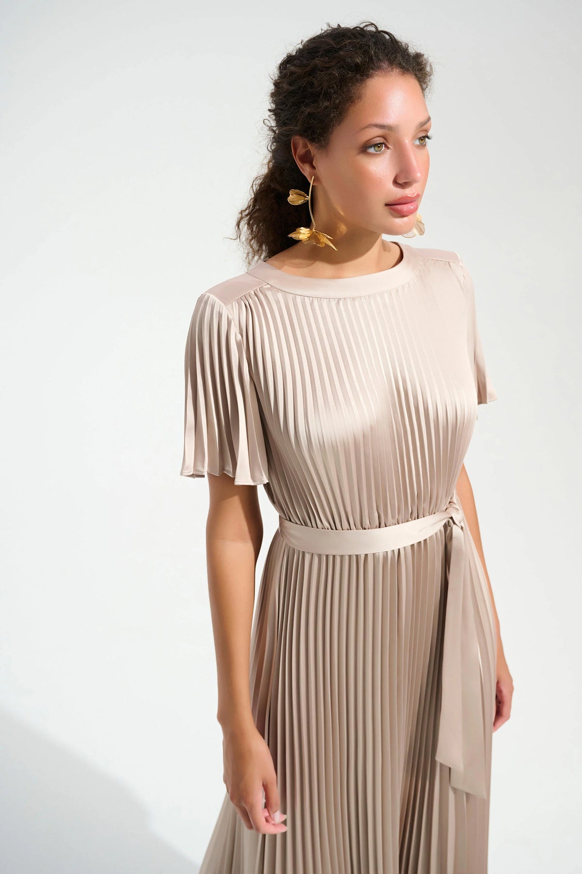 Joseph Ribkoff Sand Signature | Pleated Satin Fit And Flare Dress With Sash Belt