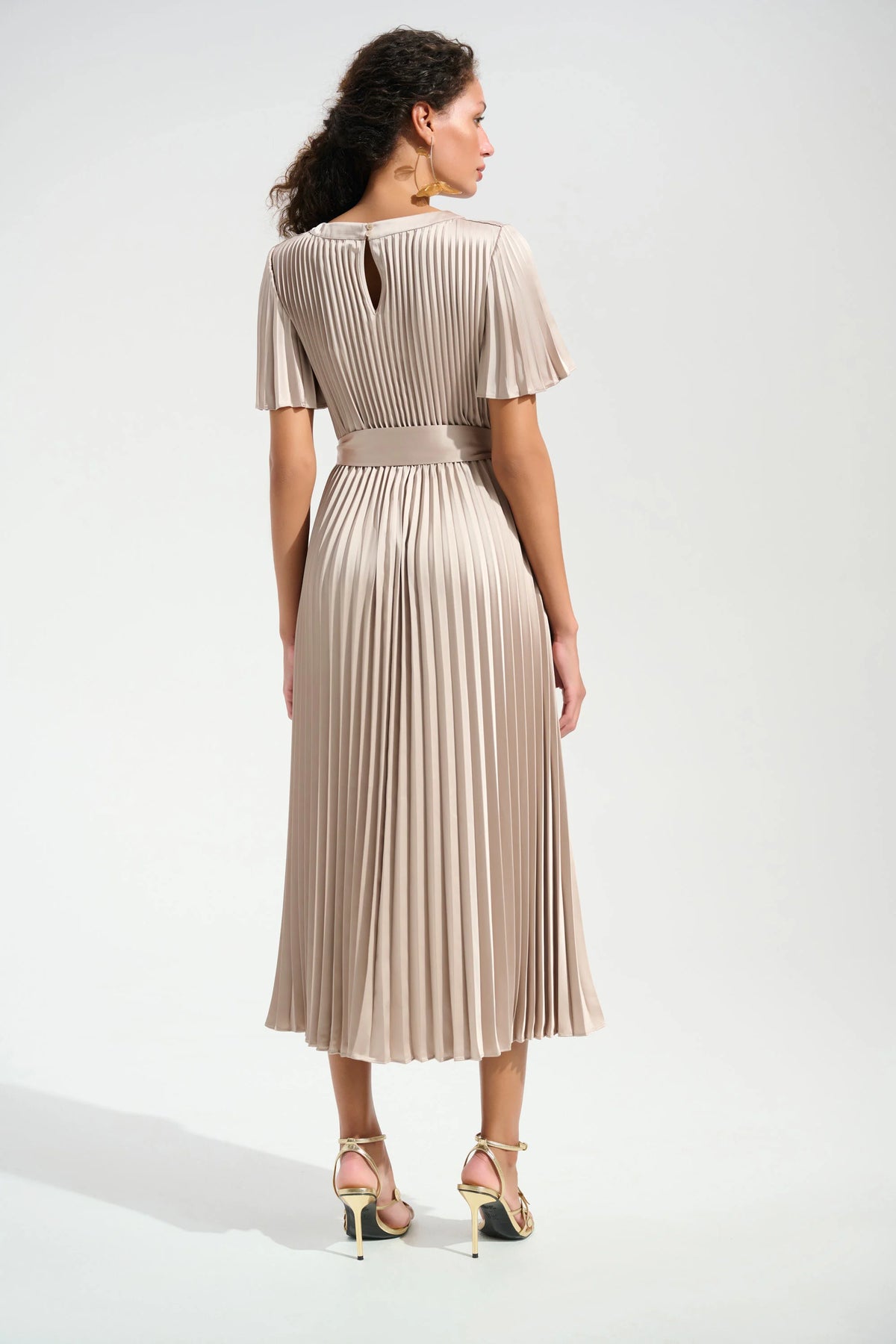 Joseph Ribkoff Sand Signature | Pleated Satin Fit And Flare Dress With Sash Belt