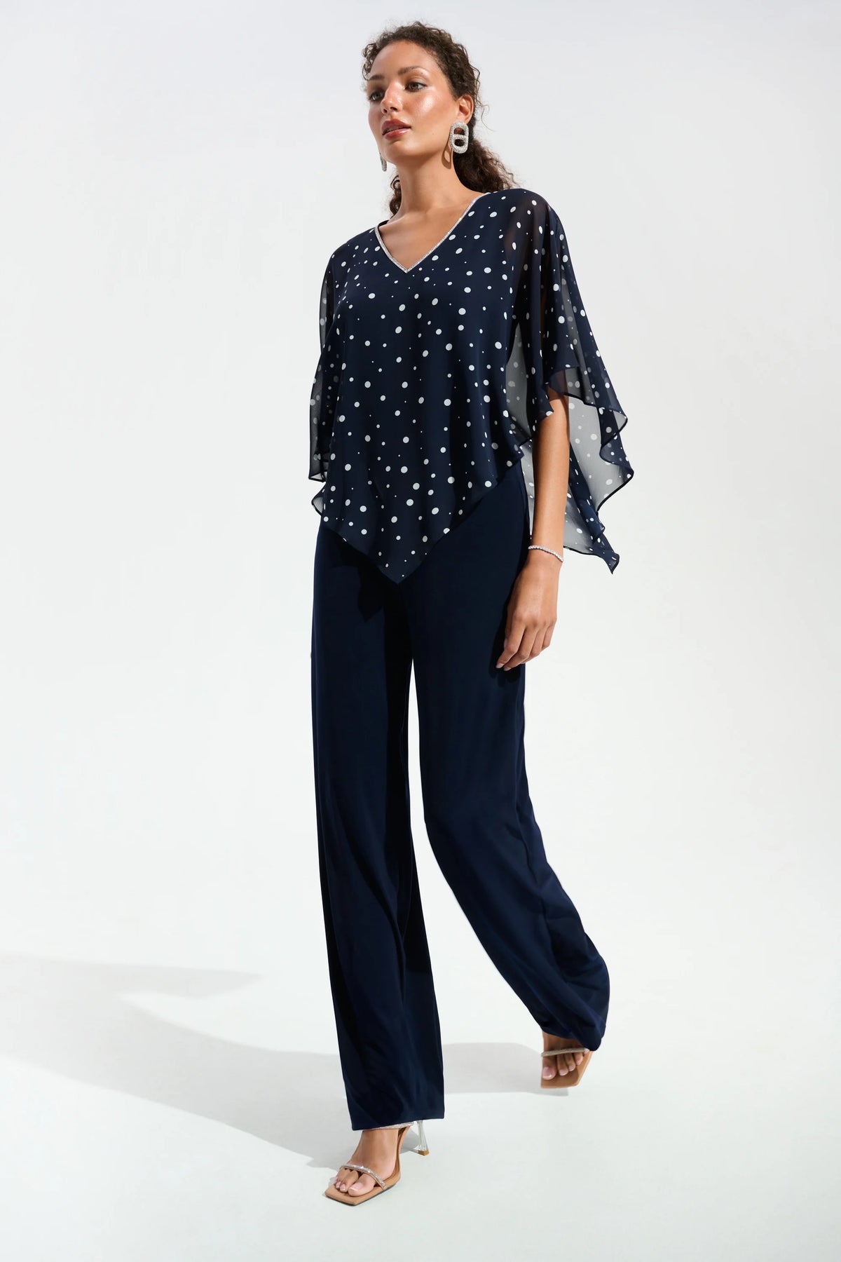 Joseph Ribkoff Midnight Blue/Vamilla Signature | Silky Knit Dot Print Poncho With Rhinestones Trim
