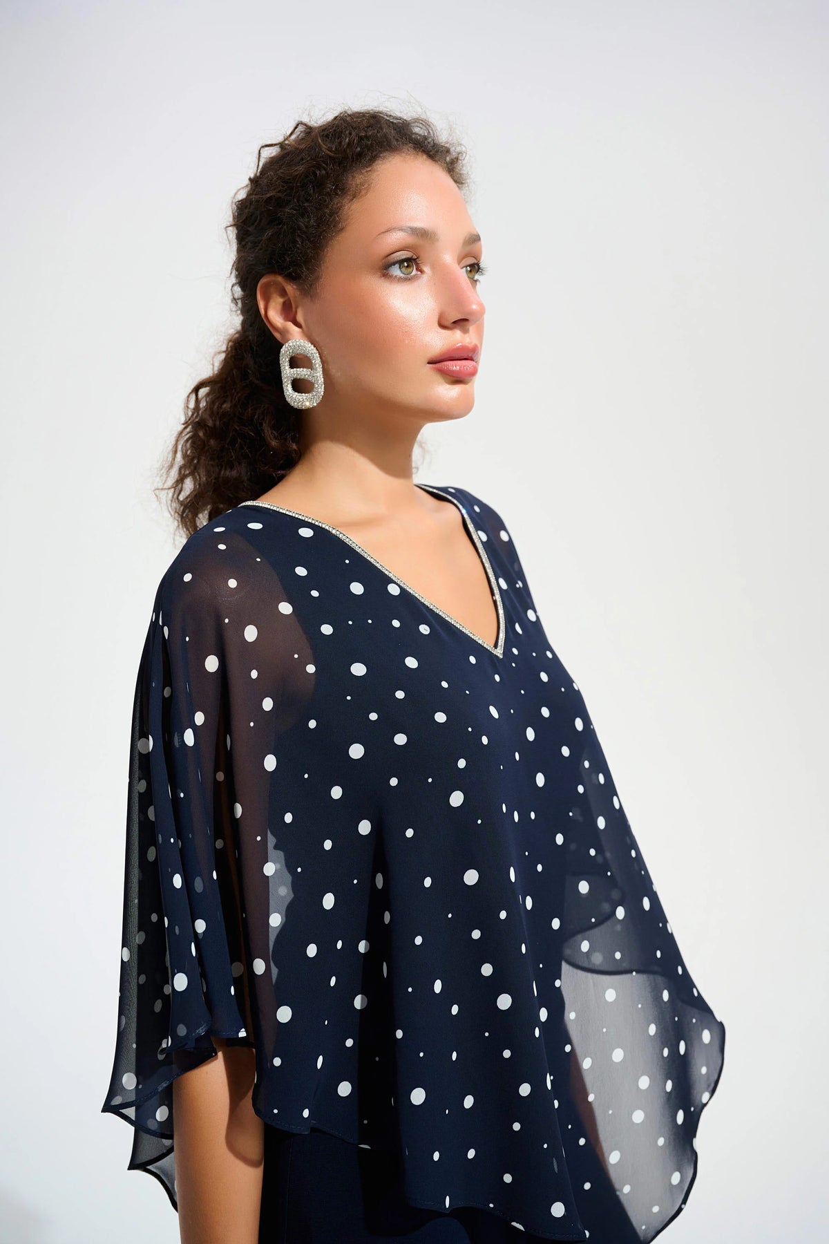 Joseph Ribkoff Midnight Blue/Vamilla Signature | Silky Knit Dot Print Poncho With Rhinestones Trim