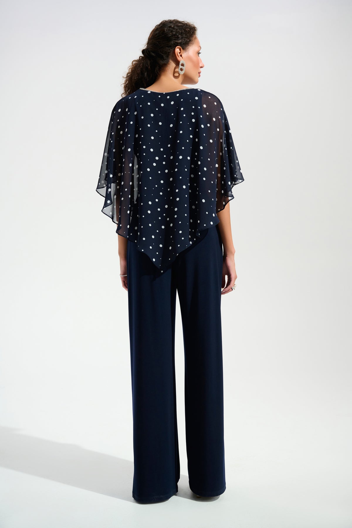 Joseph Ribkoff Midnight Blue/Vamilla Signature | Silky Knit Dot Print Poncho With Rhinestones Trim