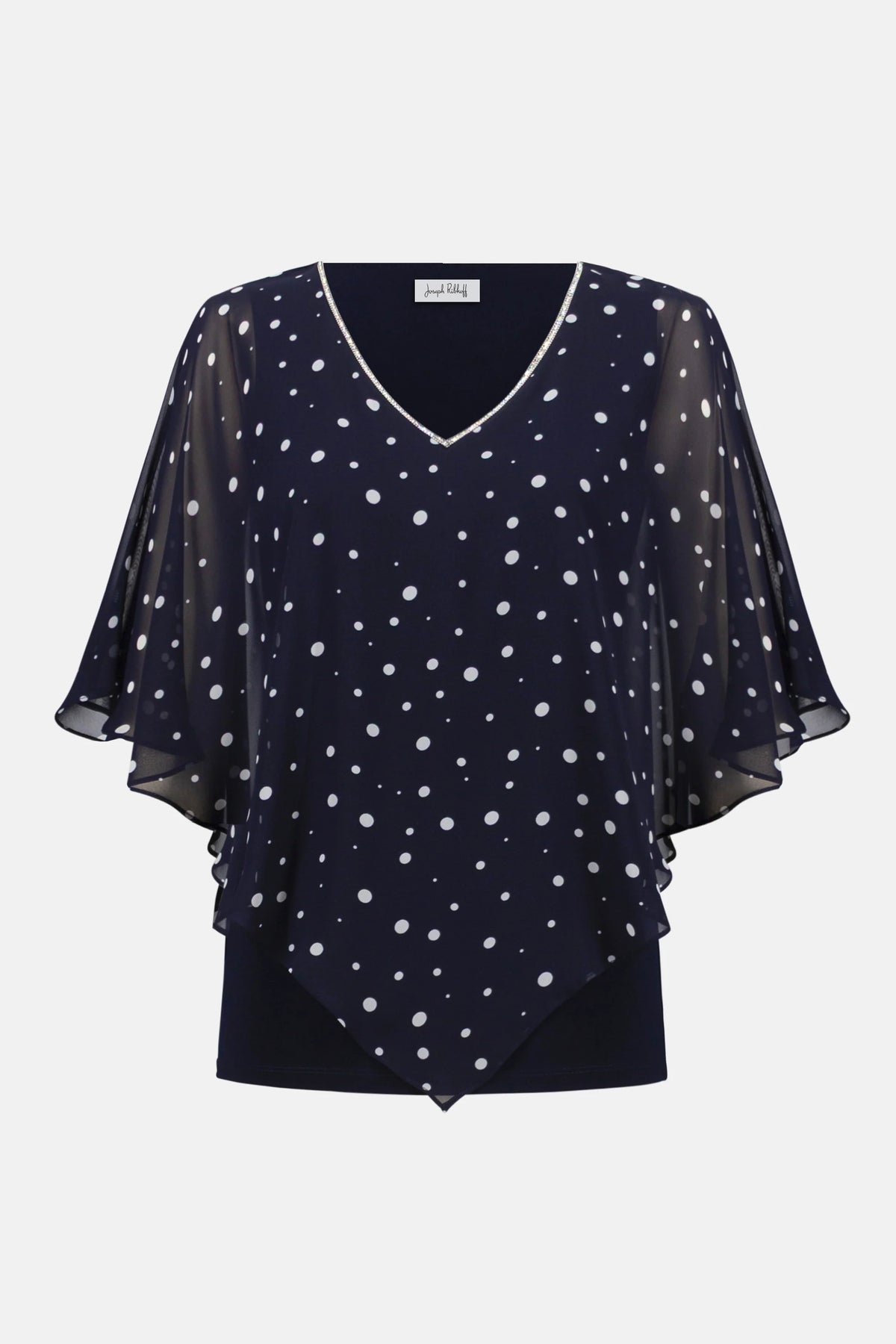 Joseph Ribkoff Midnight Blue/Vamilla Signature | Silky Knit Dot Print Poncho With Rhinestones Trim
