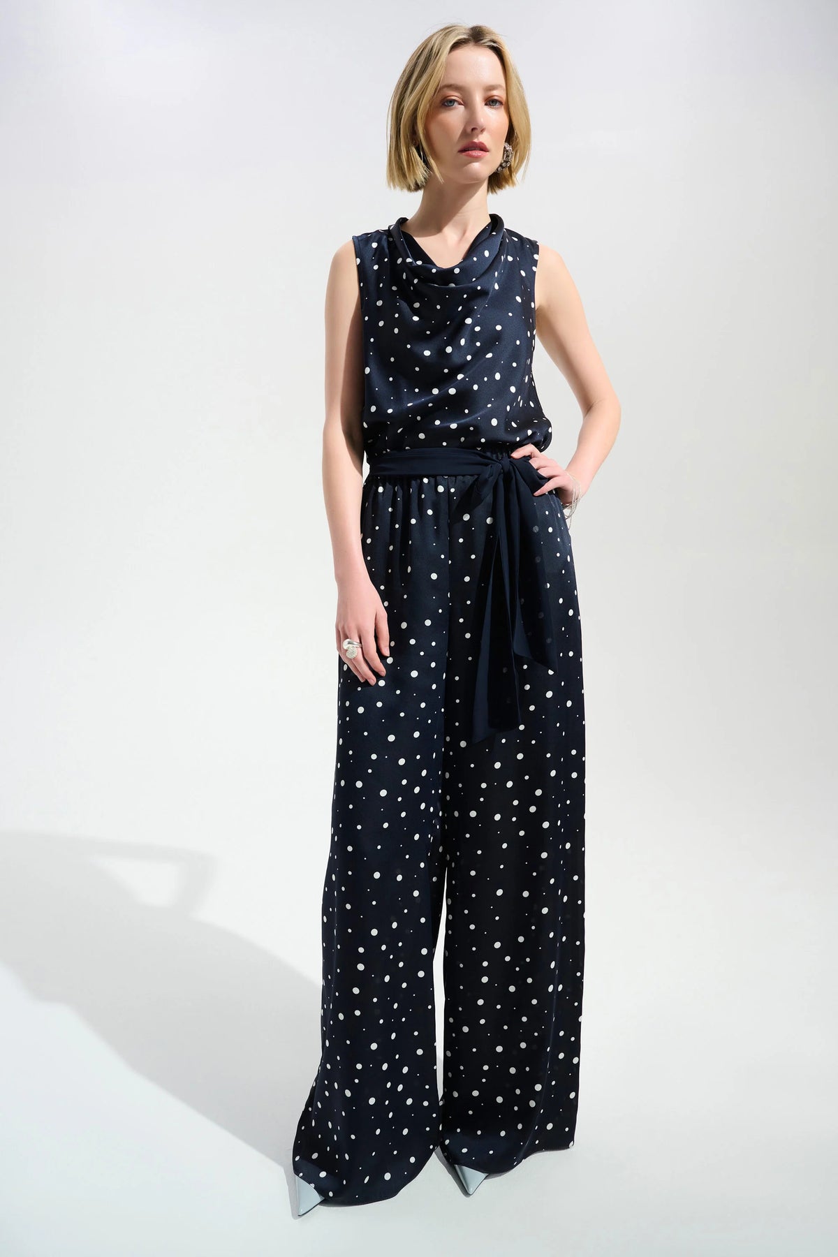 Joseph Ribkoff Midnight Blue/Vanilla Signature Satin Dot Print Wide Leg Pants With Contrast Sash