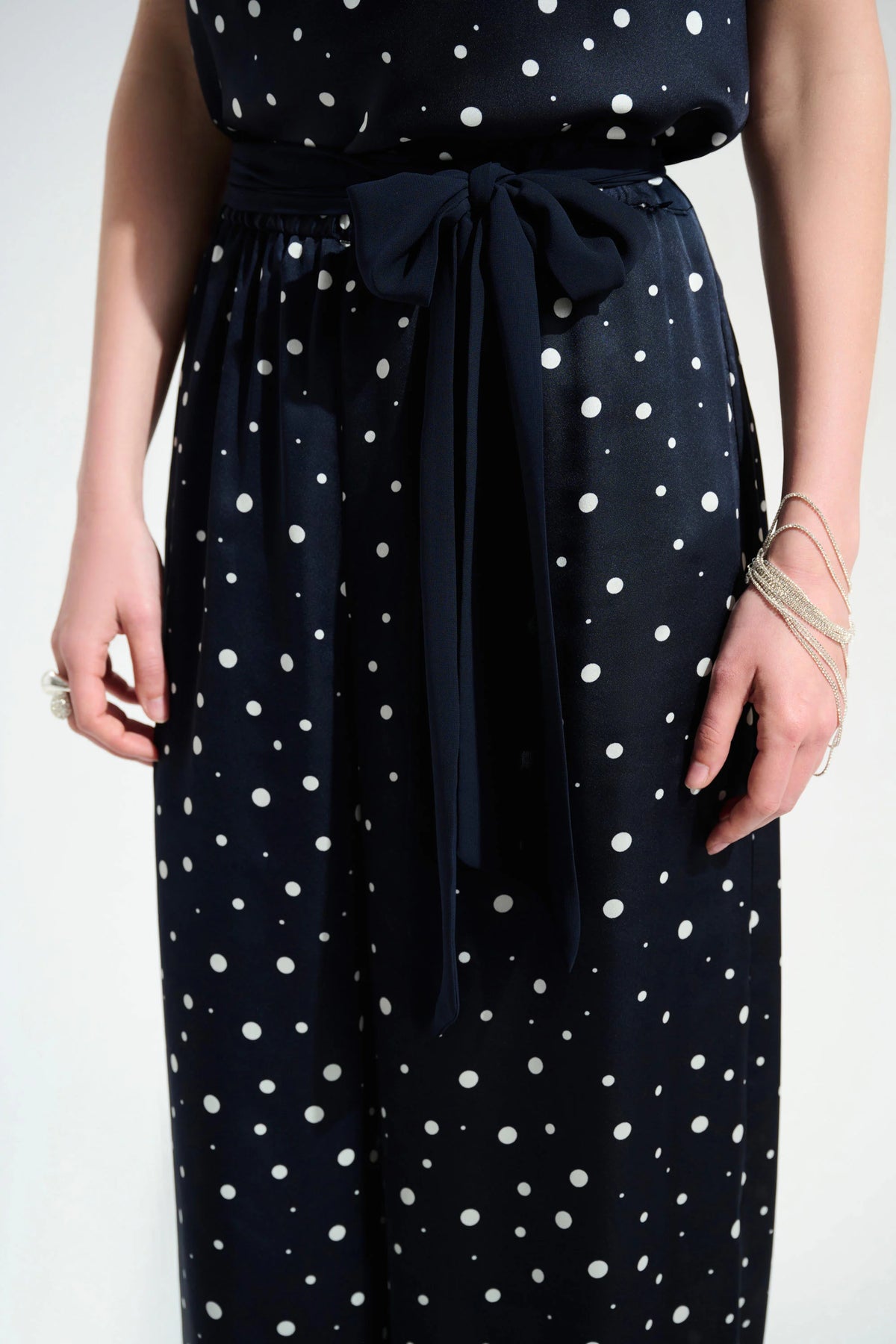 Joseph Ribkoff Midnight Blue/Vanilla Signature Satin Dot Print Wide Leg Pants With Contrast Sash