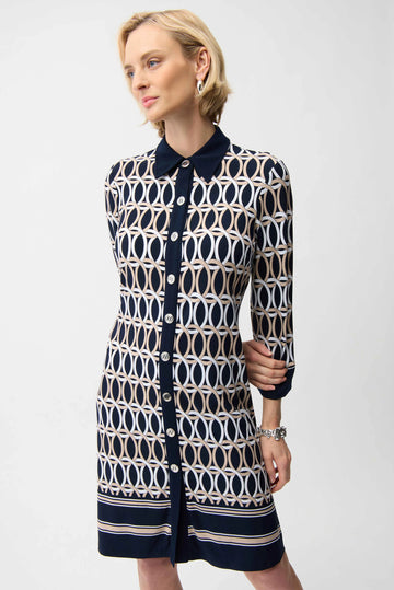 Joseph Ribkoff Multi Blue/Multi Silky Knit Geometric Print A-Line Shirt Dress