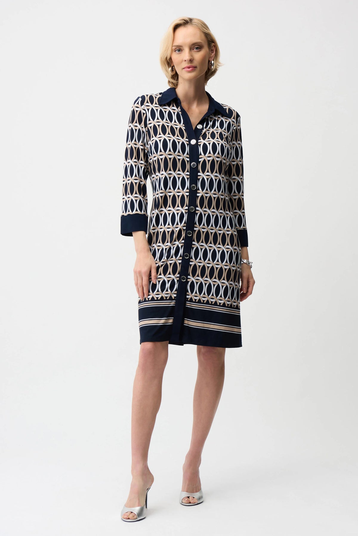 Joseph Ribkoff Multi Blue/Multi Silky Knit Geometric Print A-Line Shirt Dress
