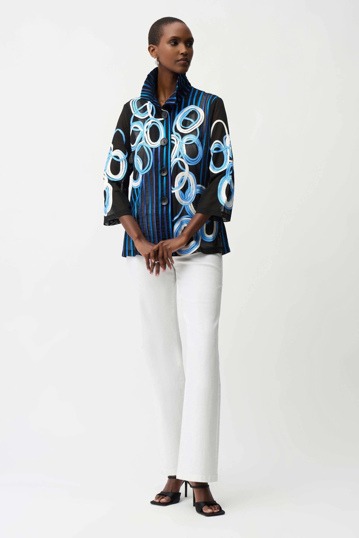 Joseph Ribkoff Black/Multi Satin And Mesh Soutache Jacket With Bell Sleeves