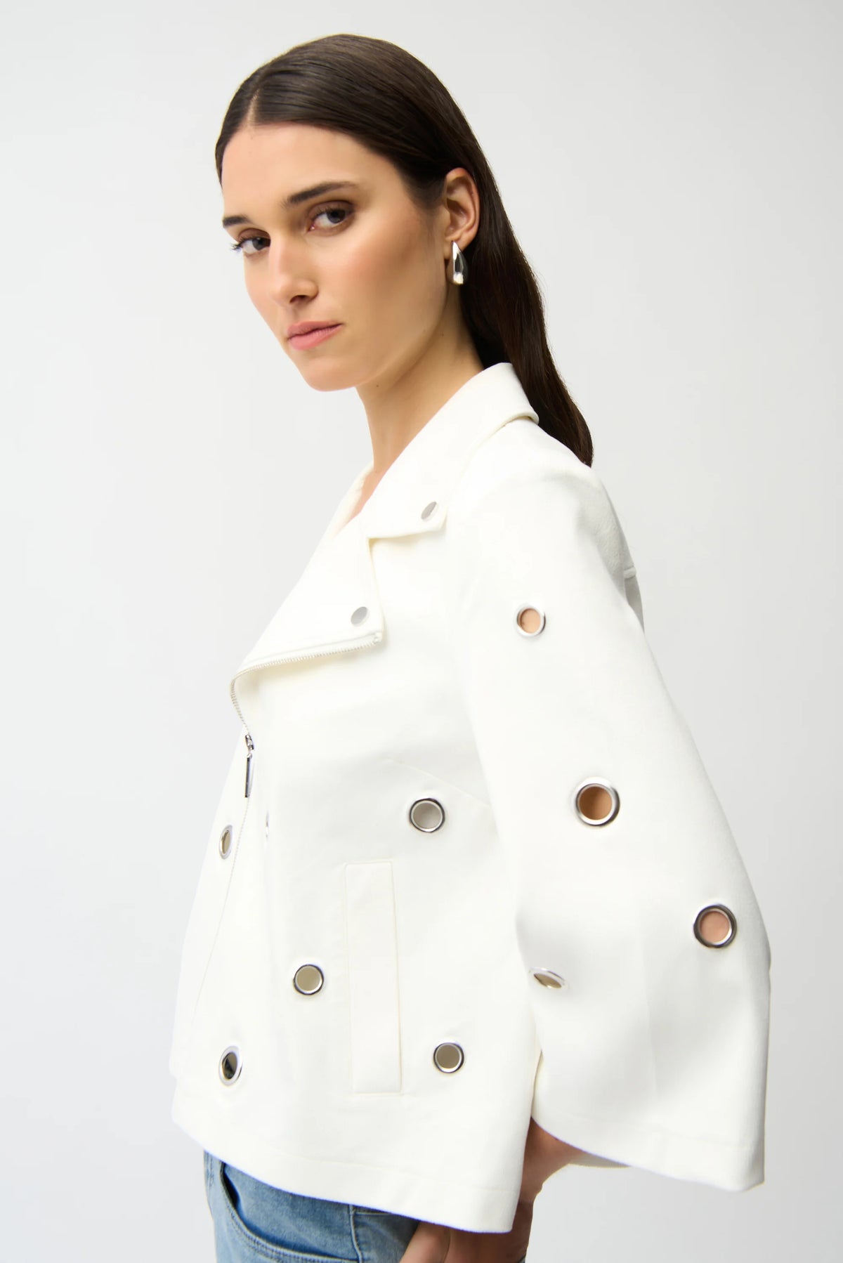 Joseph Ribkoff Vanilla Foiled Faux Suede Swing Jacket With Grommets