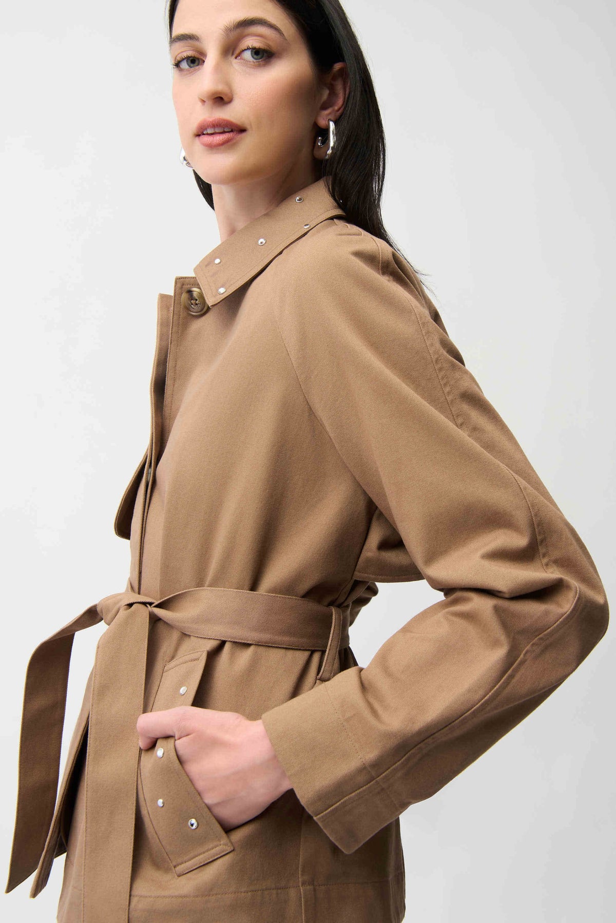 Joseph Ribkoff Tigers Eye Cotton Twill Short Trench with Belt and Rhinestones Detail