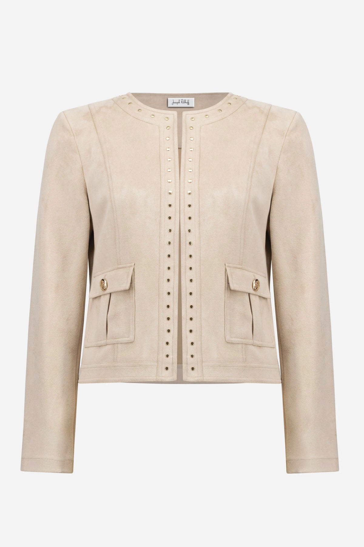 Joseph Ribkoff Parchment Scuba Suede Straight 4-Pocket Jacket With Military Button