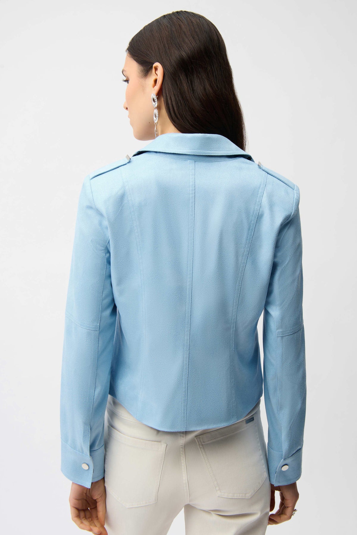 Joseph Ribkoff Sky Blue Foiled Faux Suede Fitted Jacket with Decorative Buckles