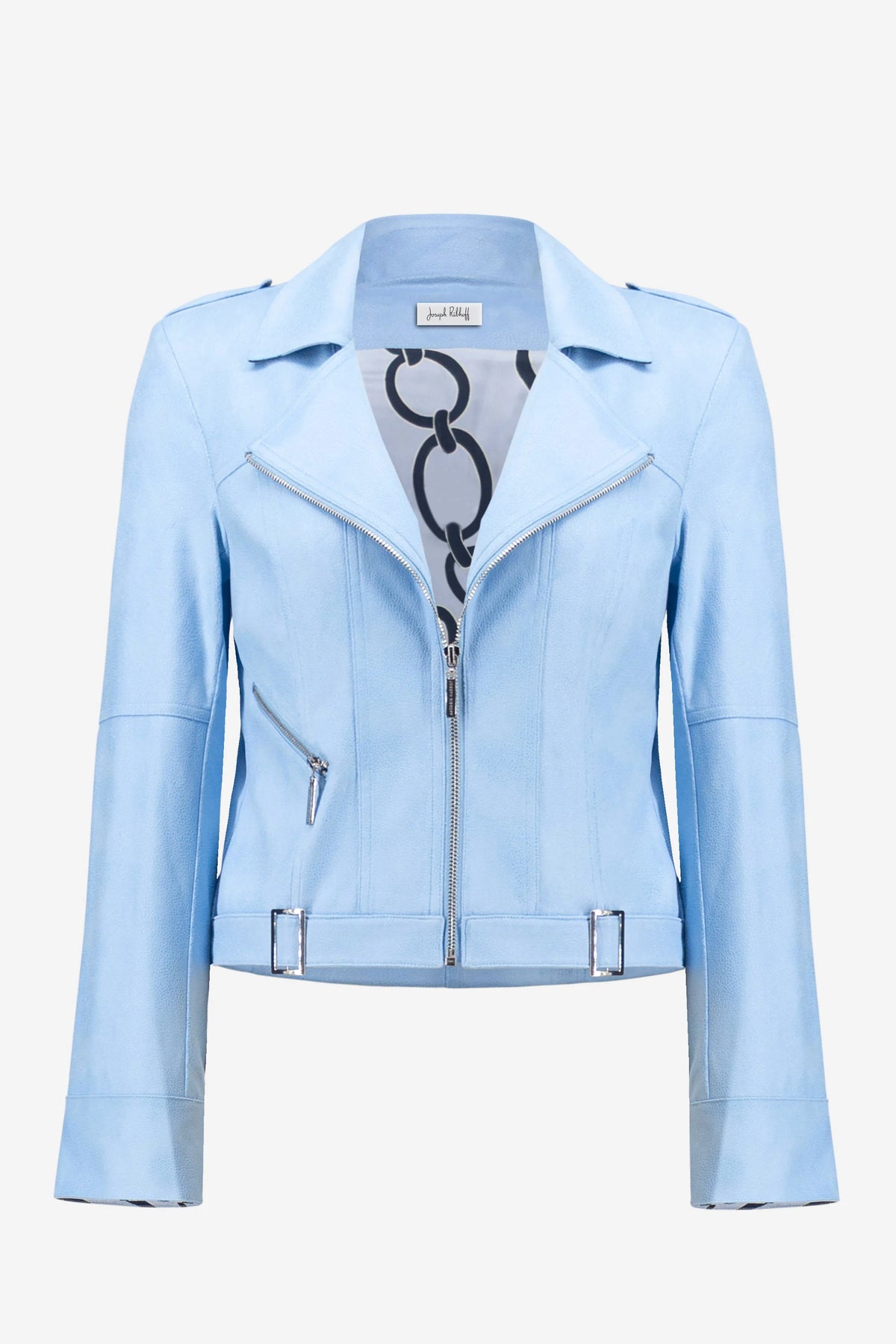 Joseph Ribkoff Sky Blue Foiled Faux Suede Fitted Jacket with Decorative Buckles