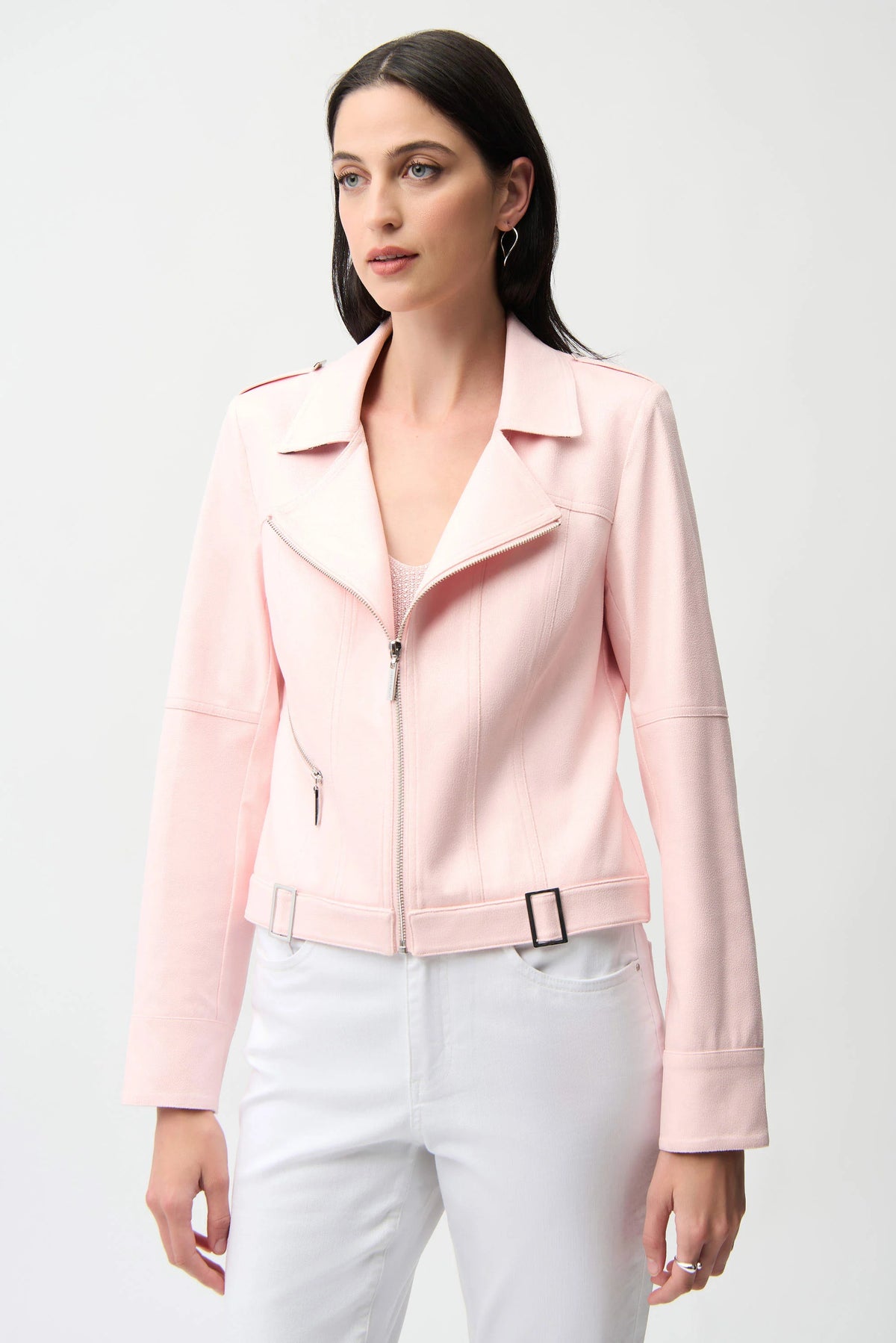 Joseph RibkoffPetal Pink Foiled Faux Suede Fitted Jacket with Decorative Buckles