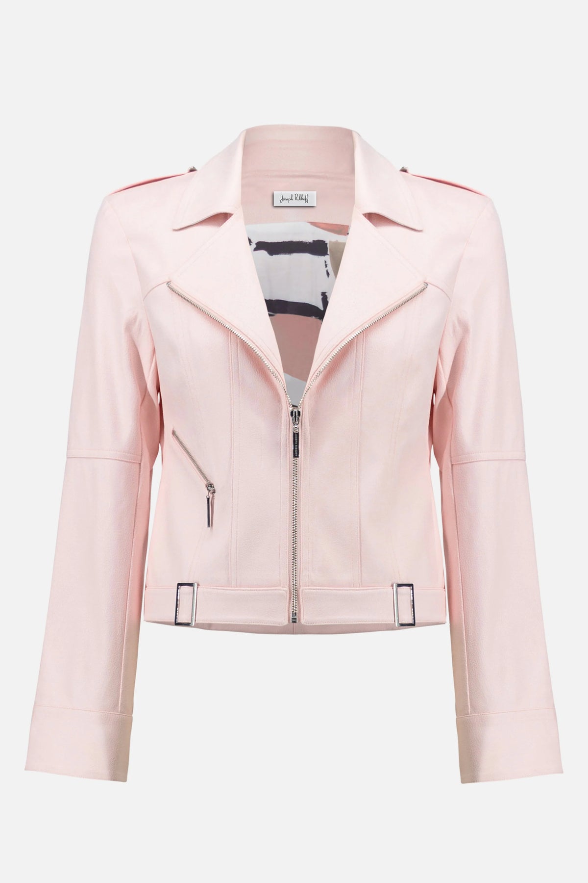 Joseph RibkoffPetal Pink Foiled Faux Suede Fitted Jacket with Decorative Buckles