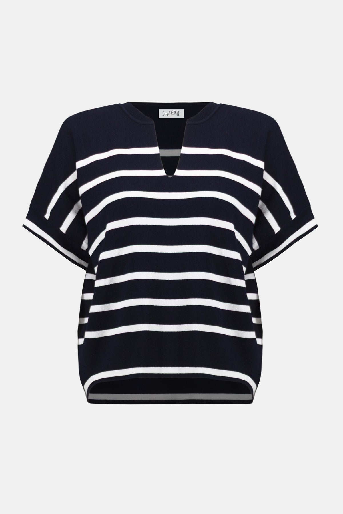 Joseph Ribkoff Midnight Blue/Vanilla Viscose Blend Stripe Print Short Sleeve Sweater
