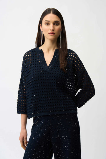 Joseph Ribkoff Midnight Blue Cotton Blend Open Stitch Boxy Sweater