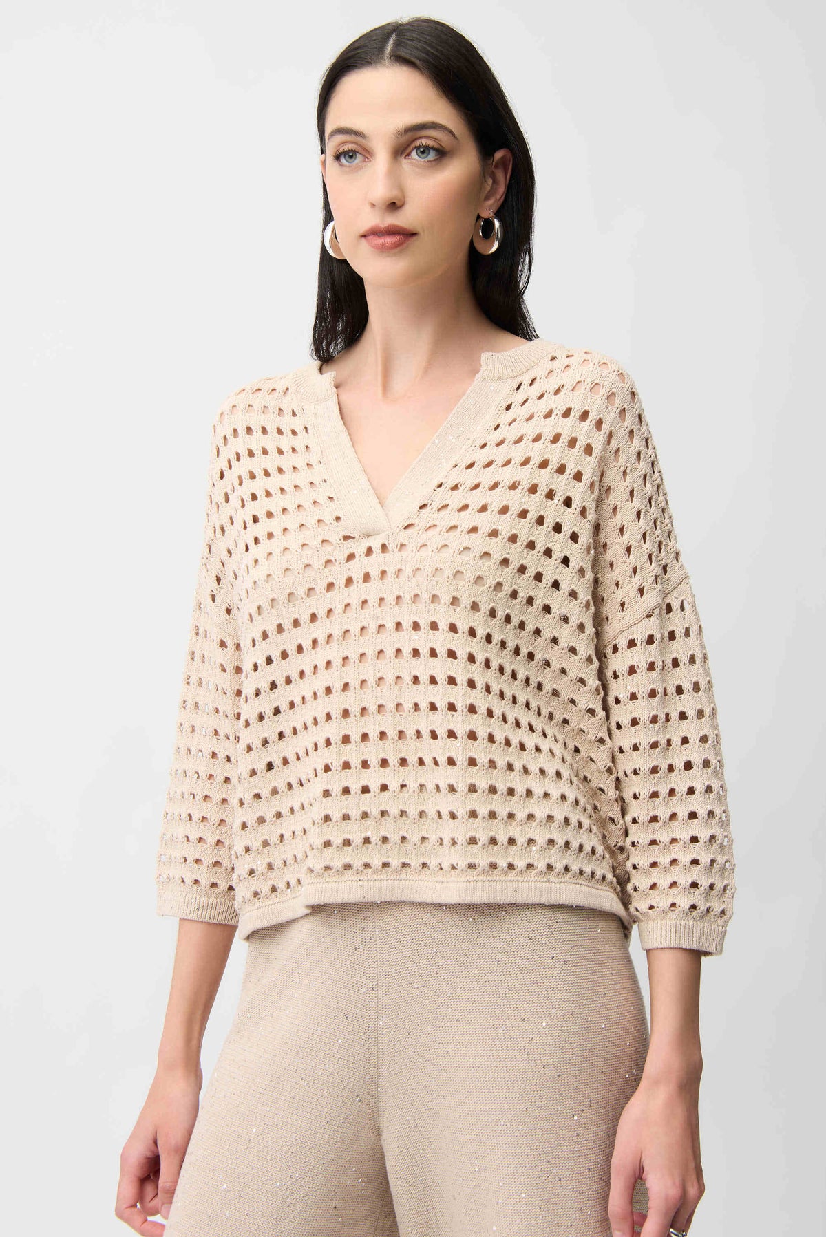 Joseph Ribkoff Parchment Cotton Blend Open Stitch Boxy Sweater