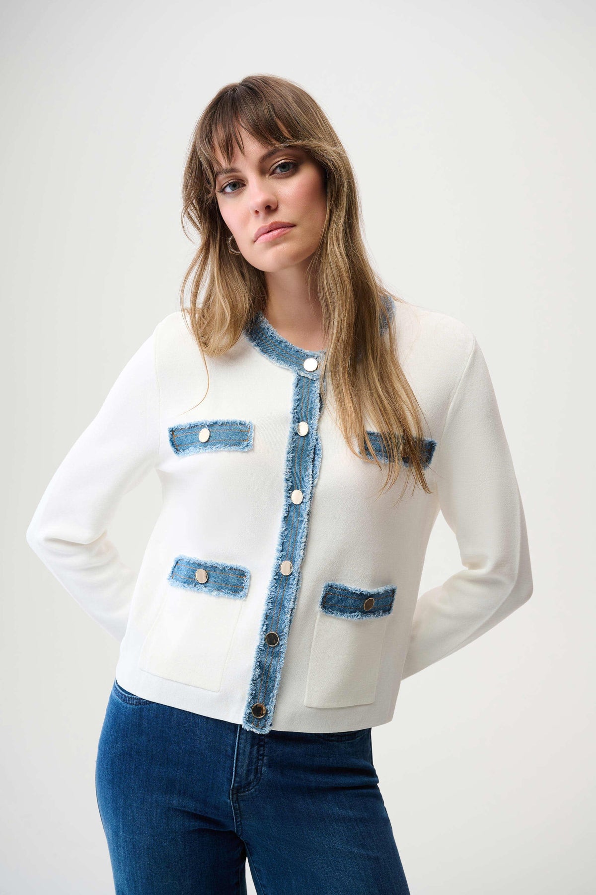 Joseph Ribkoff Winter White/Indigo Viscose Blend Milano Stitch Jacket with Denim Trim