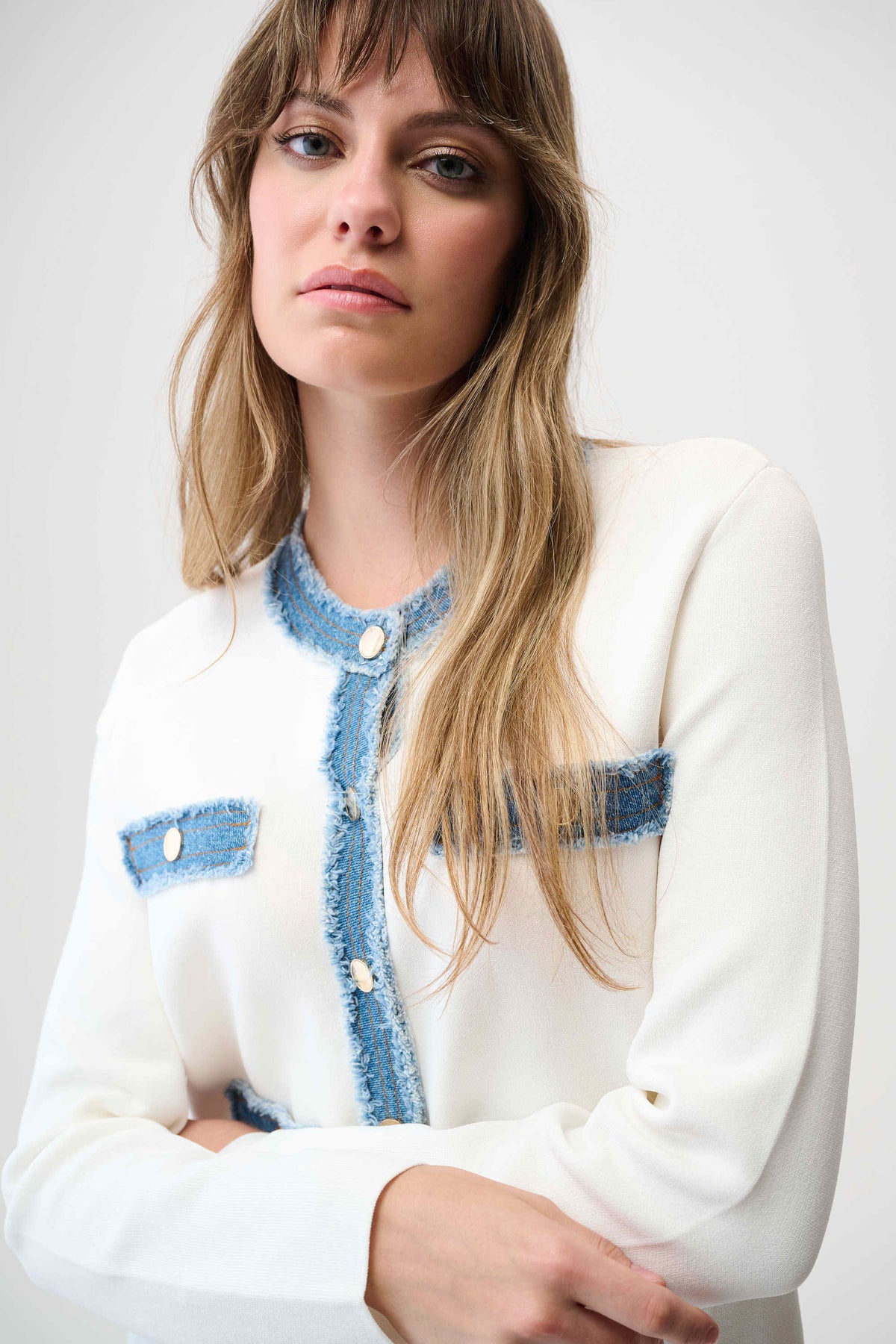 Joseph Ribkoff Winter White/Indigo Viscose Blend Milano Stitch Jacket with Denim Trim