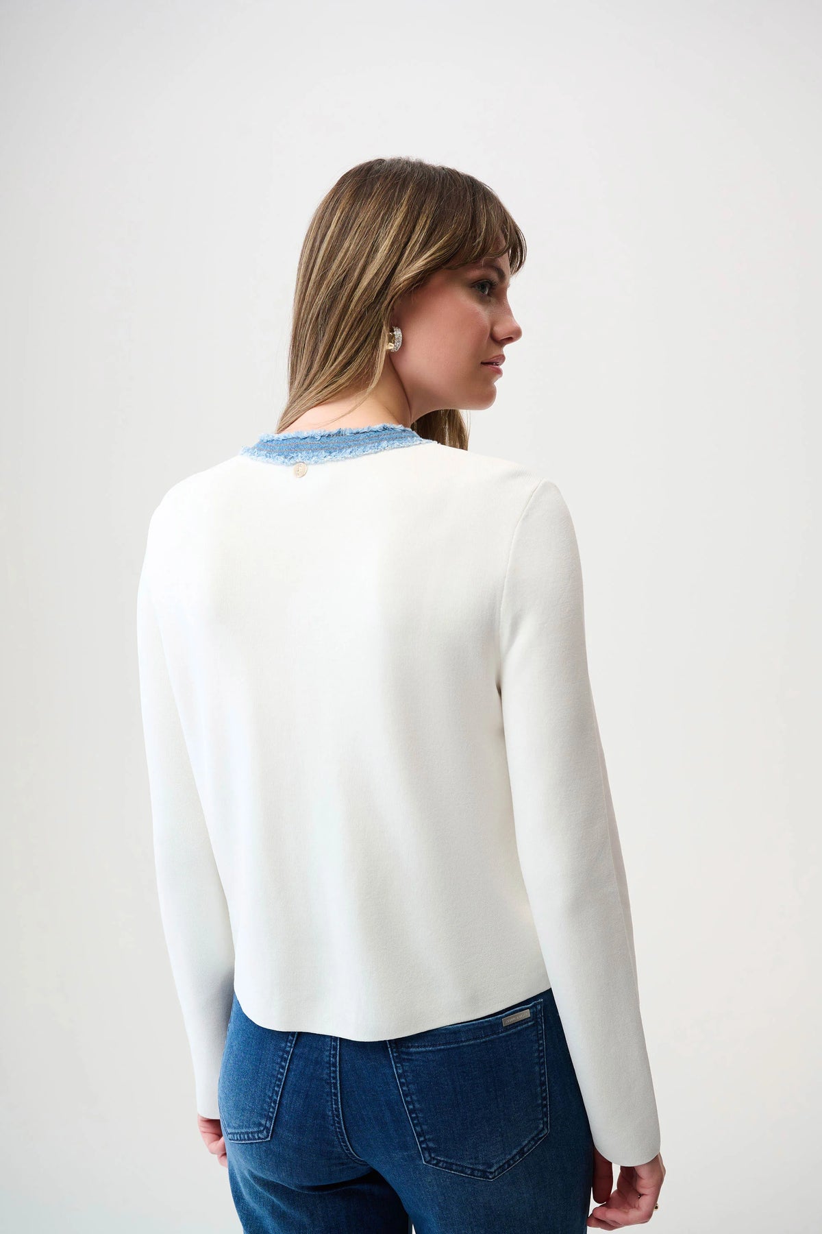 Joseph Ribkoff Winter White/Indigo Viscose Blend Milano Stitch Jacket with Denim Trim