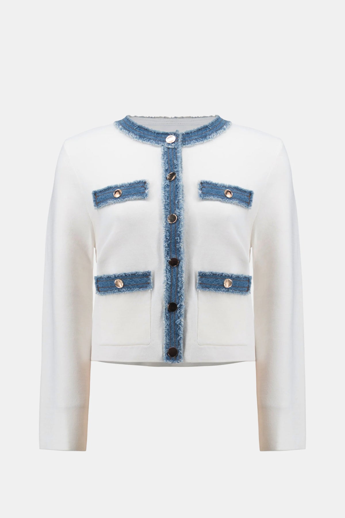 Joseph Ribkoff Winter White/Indigo Viscose Blend Milano Stitch Jacket with Denim Trim