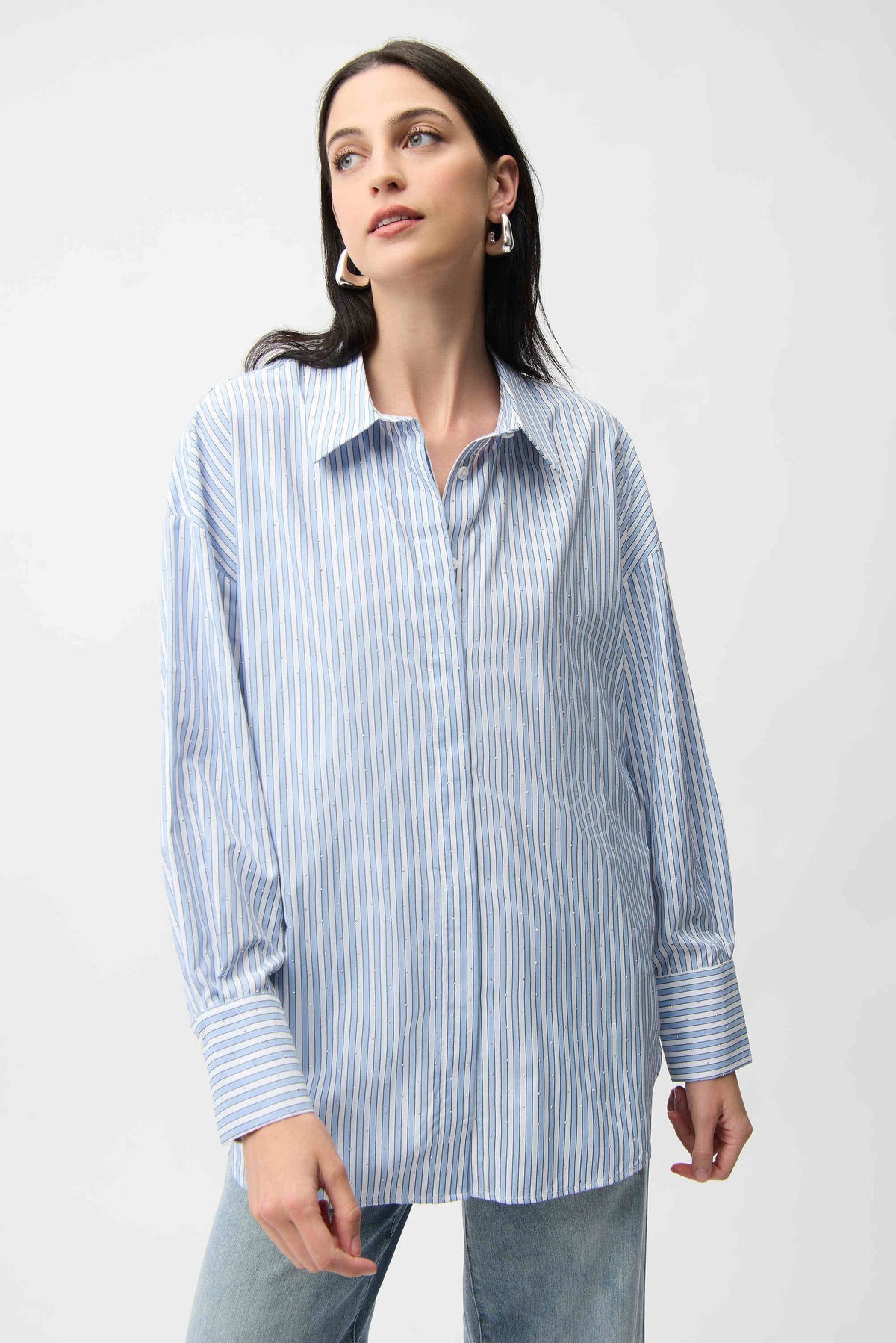 Joseph Ribkoff Blue/Vanilla Tencel Stripe Print Boxy Blouse