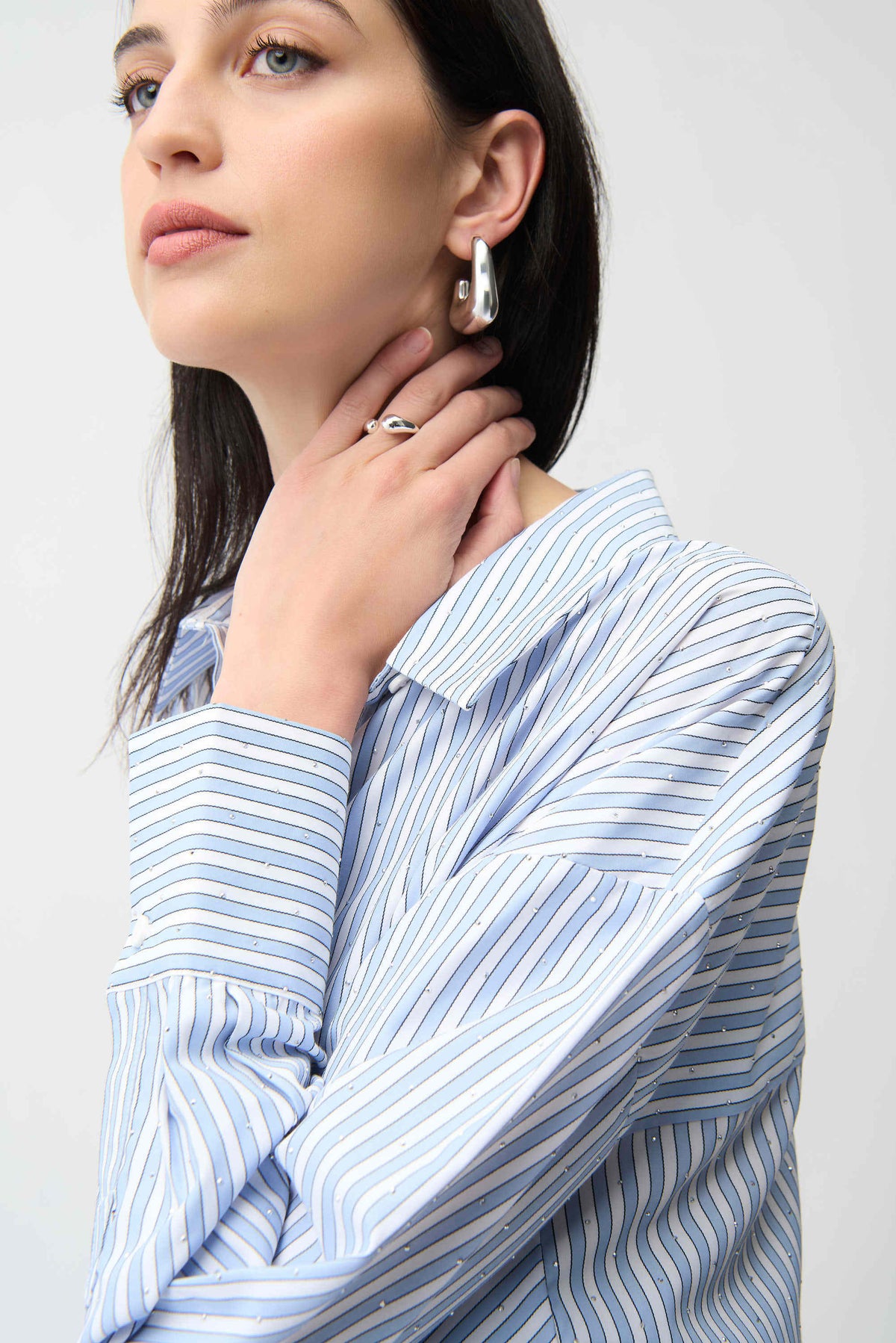 Joseph Ribkoff Blue/Vanilla Tencel Stripe Print Boxy Blouse