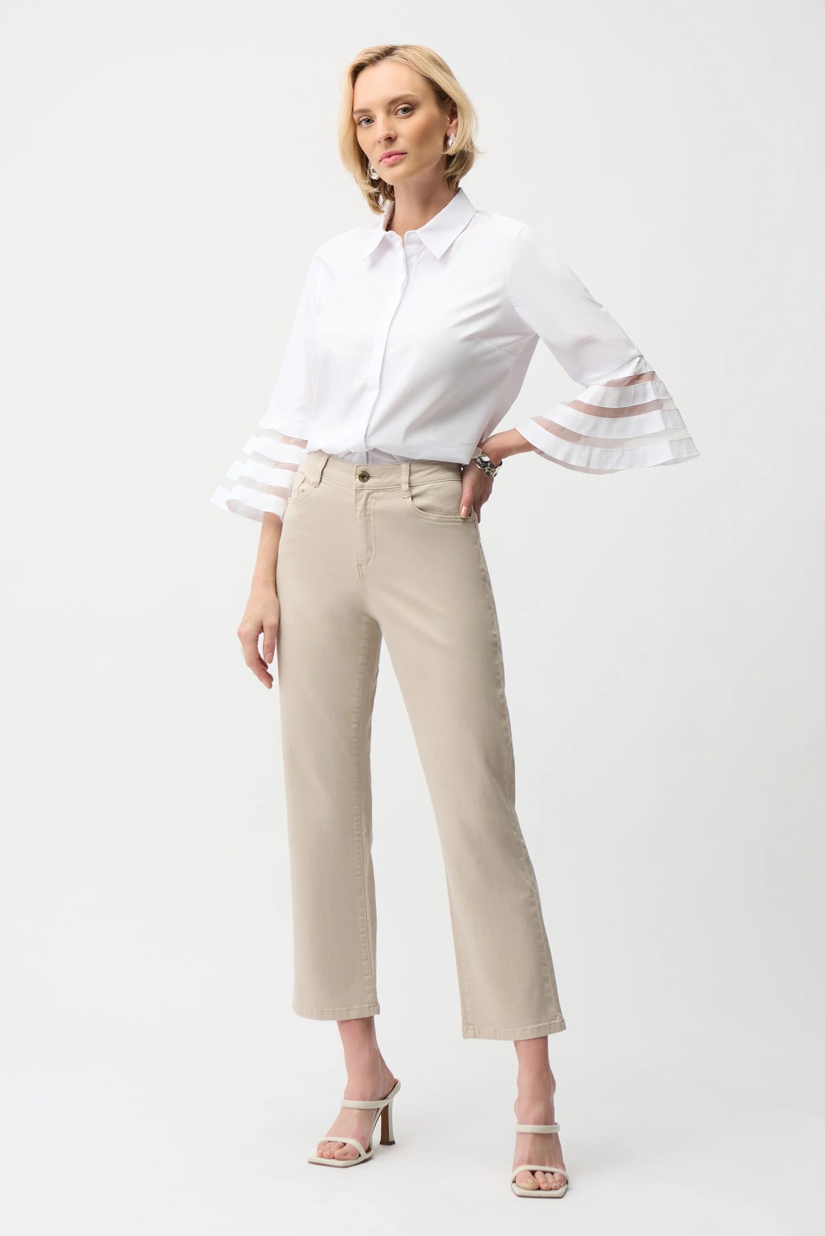 Joseph Ribkoff White Stretch Poplin Straight Blouse with Organza Bell Sleeves