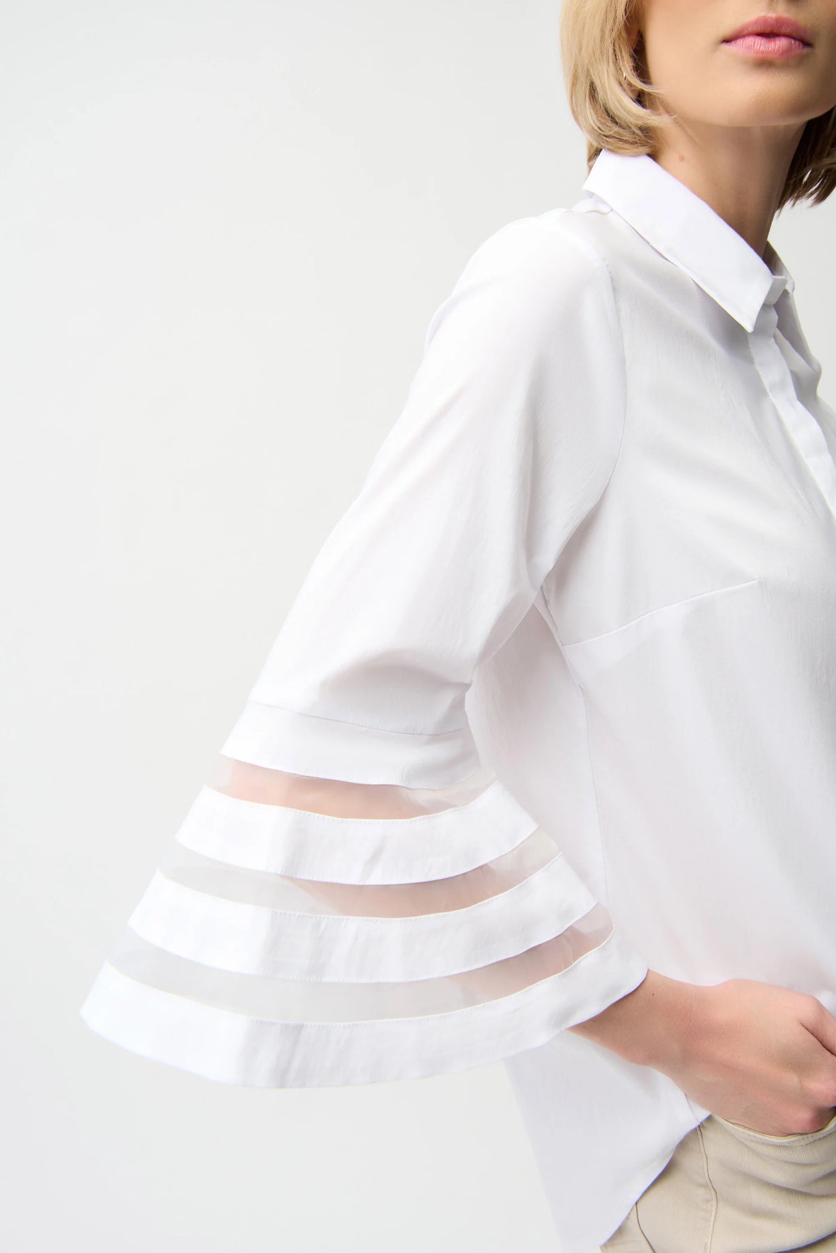 Joseph Ribkoff White Stretch Poplin Straight Blouse with Organza Bell Sleeves