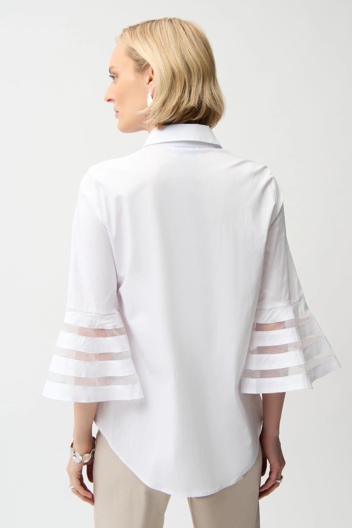 Joseph Ribkoff White Stretch Poplin Straight Blouse with Organza Bell Sleeves