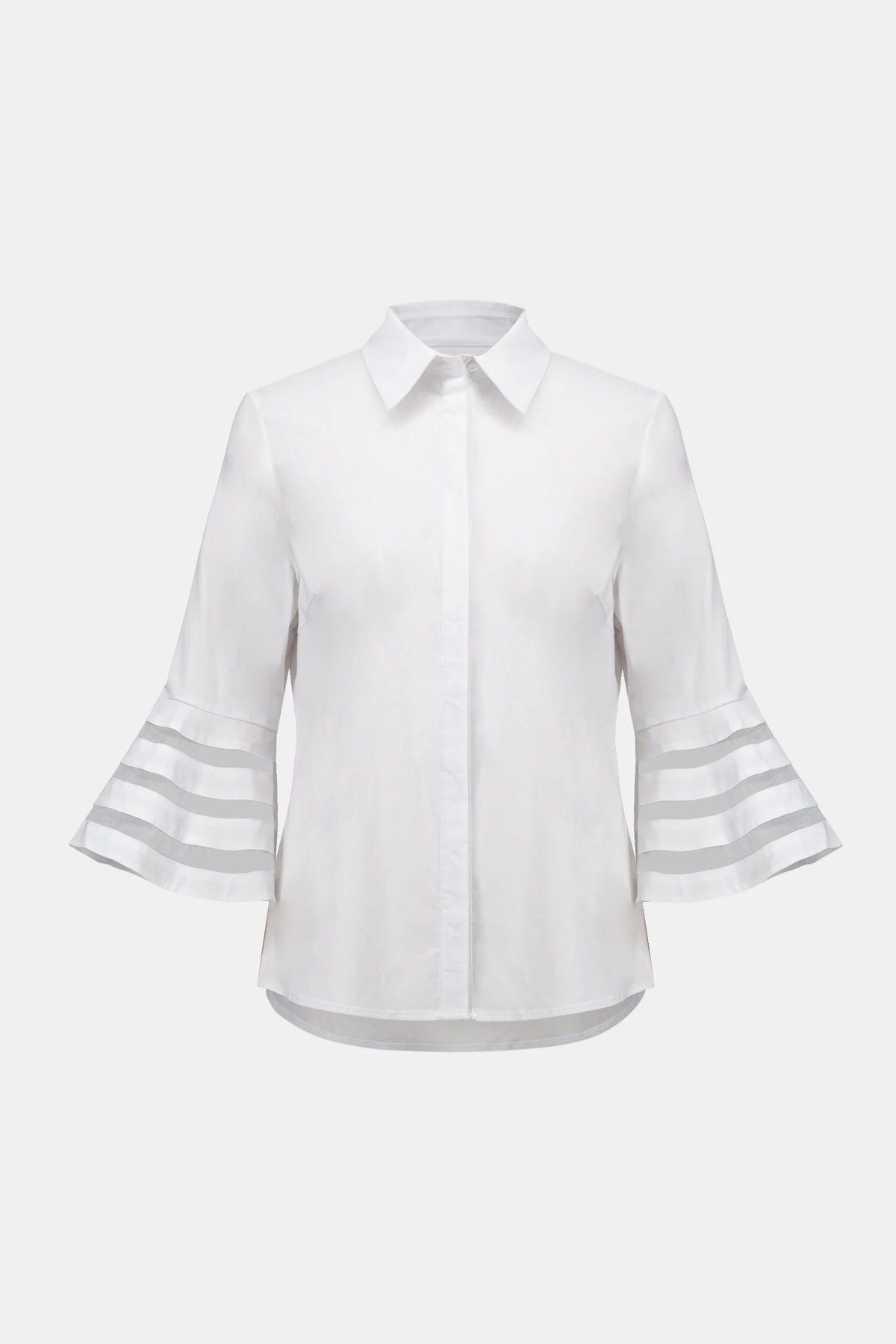 Joseph Ribkoff White Stretch Poplin Straight Blouse with Organza Bell Sleeves